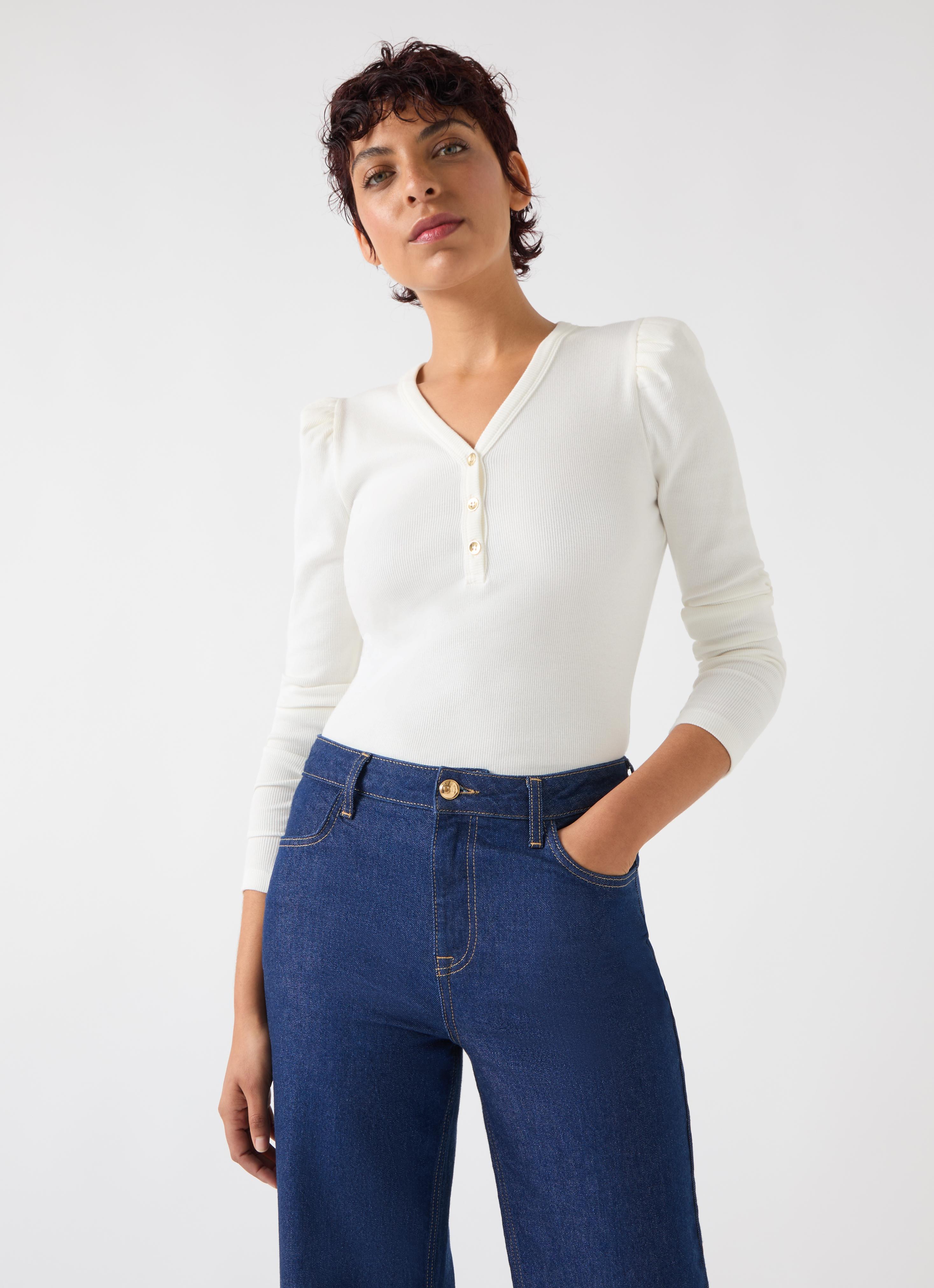 Carla Ivory Cotton Blend Rib Puff Sleeve Henley Top | Clothing