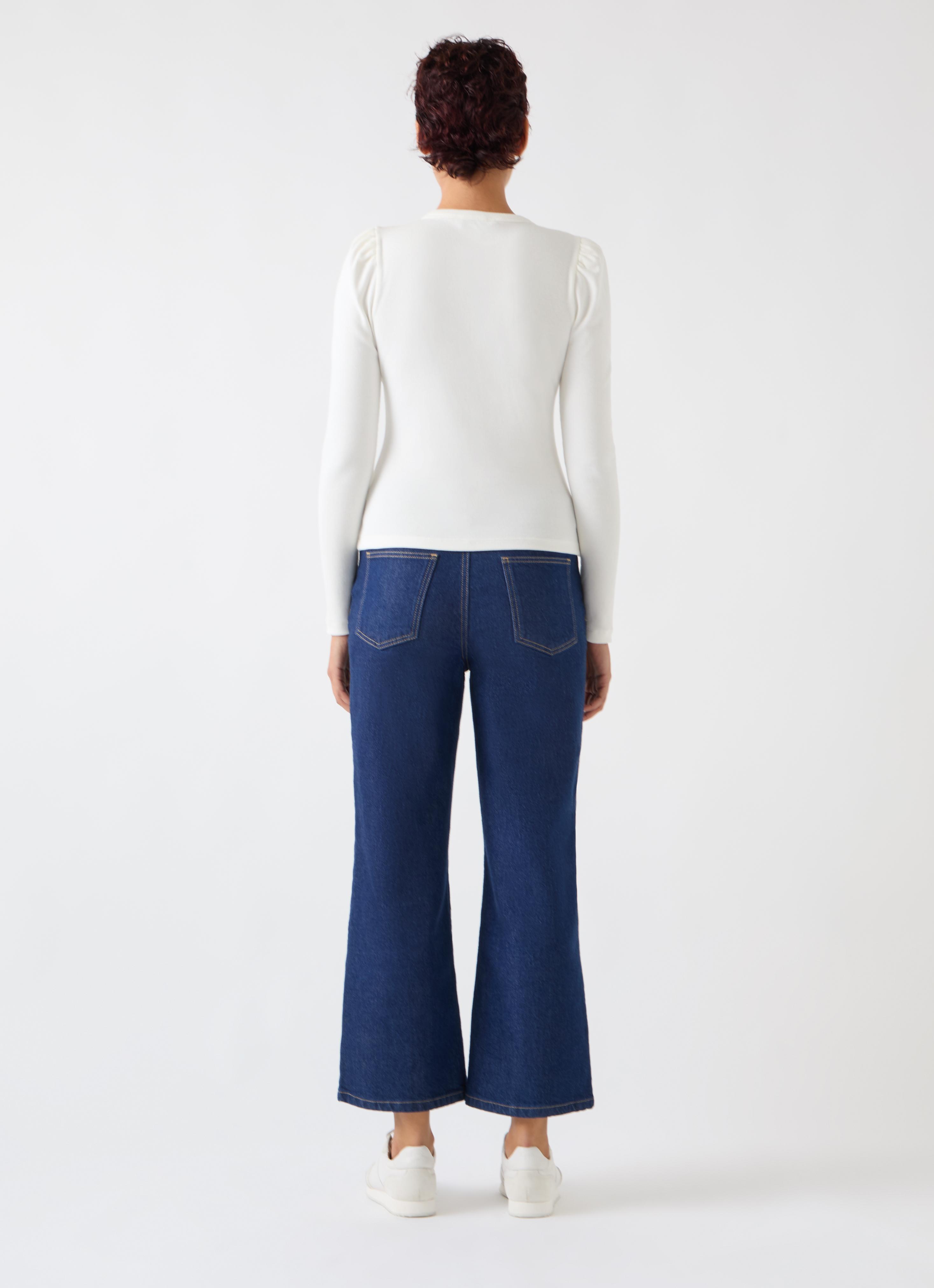 Carla Ivory Cotton Blend Rib Puff Sleeve Henley Top | Clothing