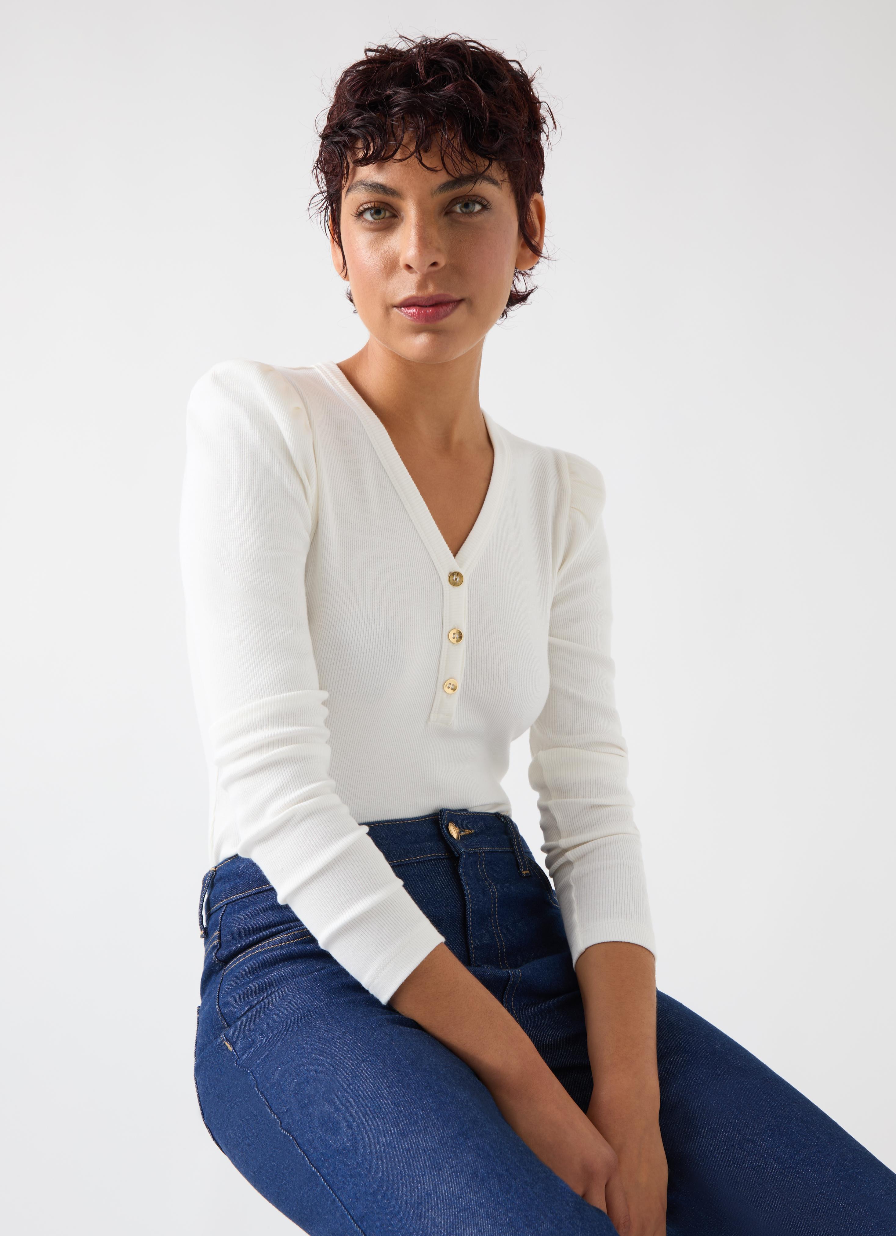 Carla Ivory Cotton Blend Rib Puff Sleeve Henley Top | Clothing