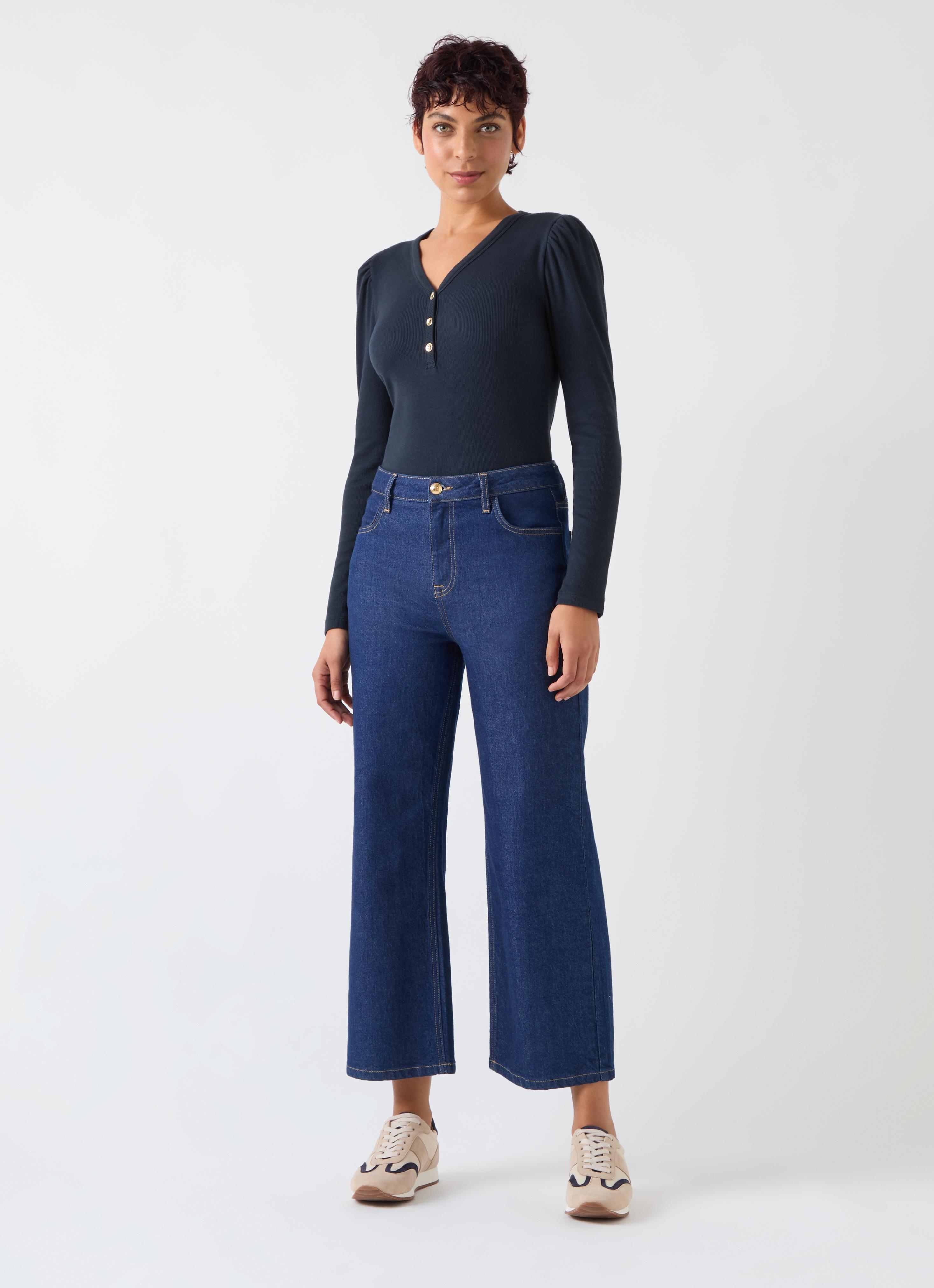 Carla Spring Navy Cotton Blend Rib Puff Sleeve Henley Top