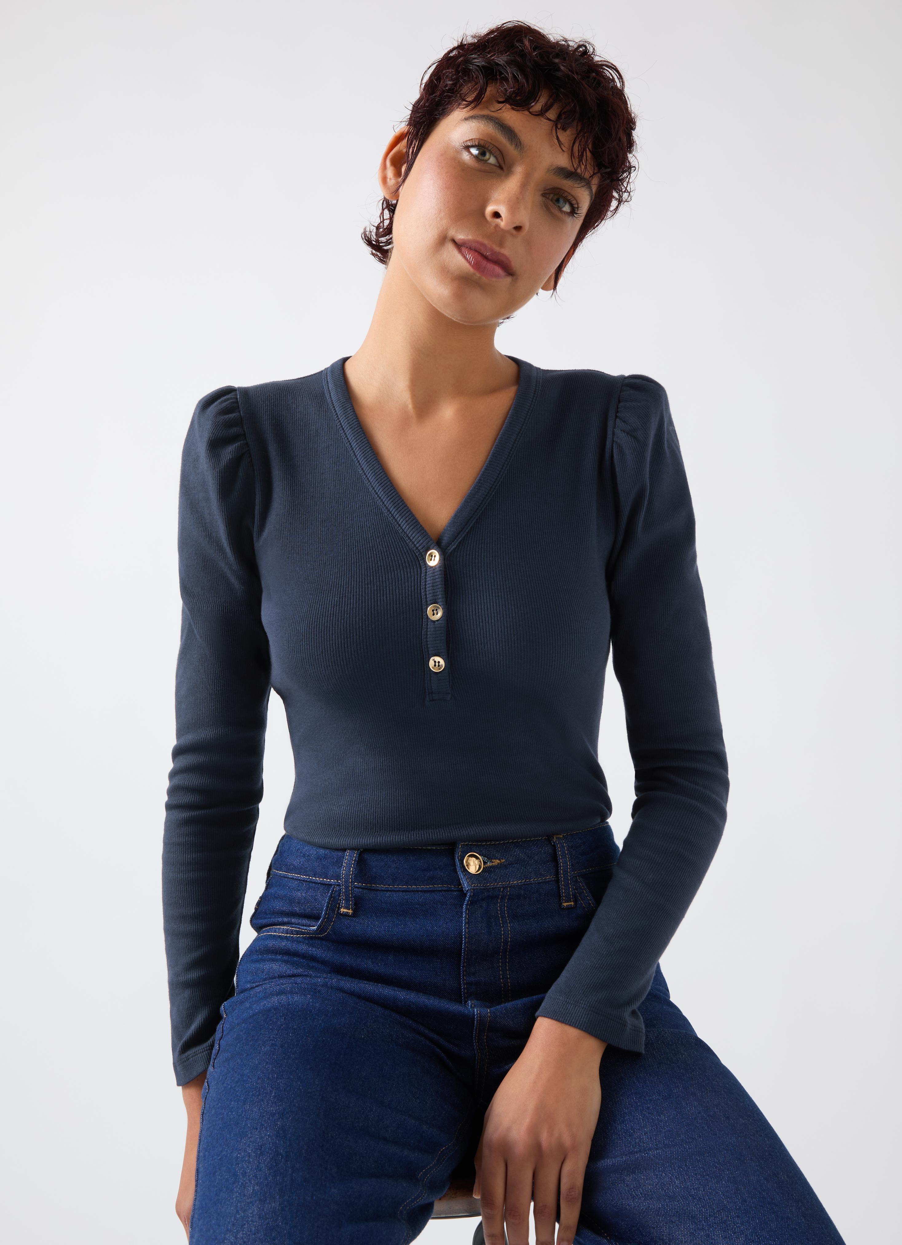Carla Spring Navy Cotton Blend Rib Puff Sleeve Henley Top