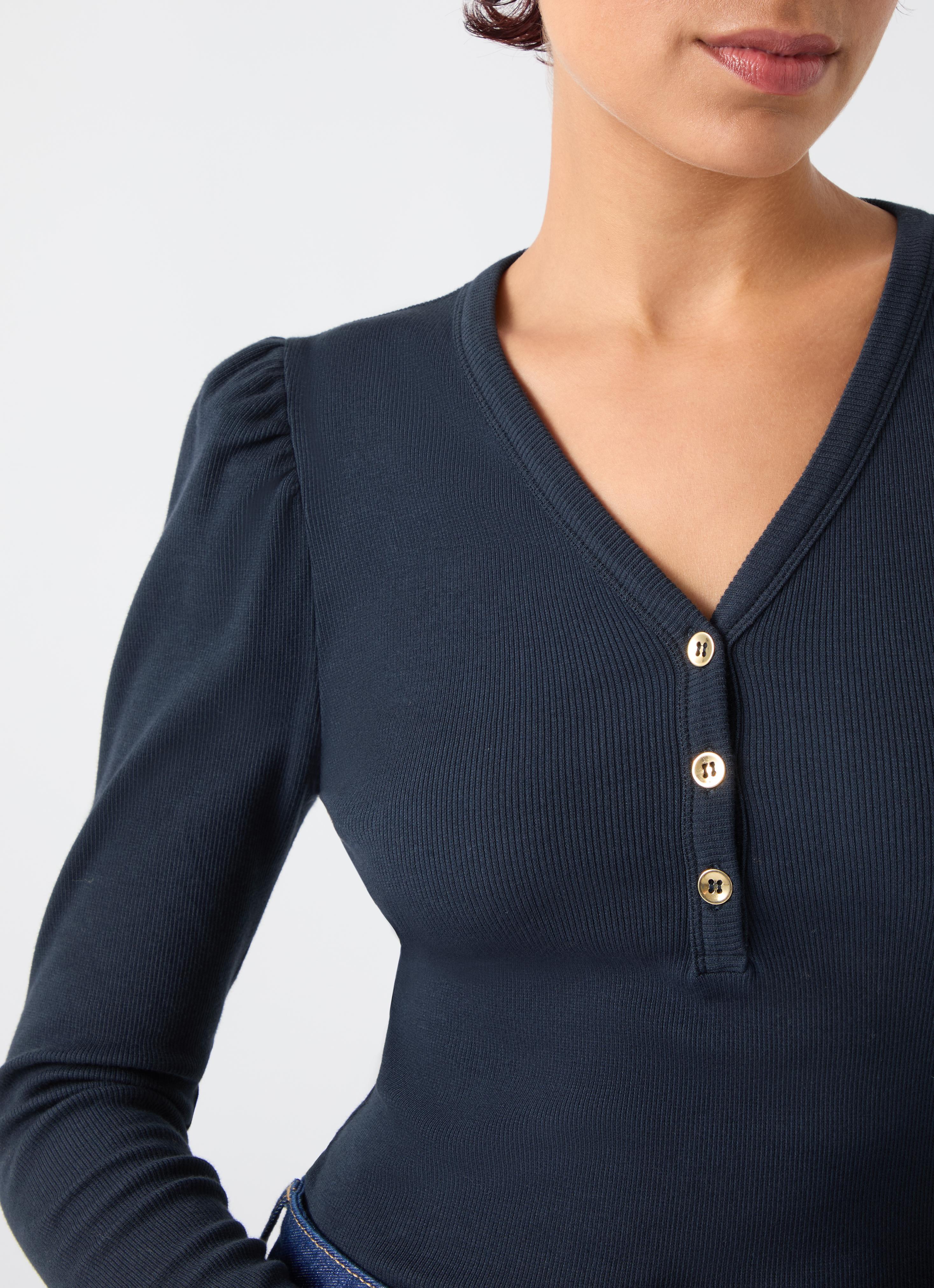 Carla Spring Navy Cotton Blend Rib Puff Sleeve Henley Top