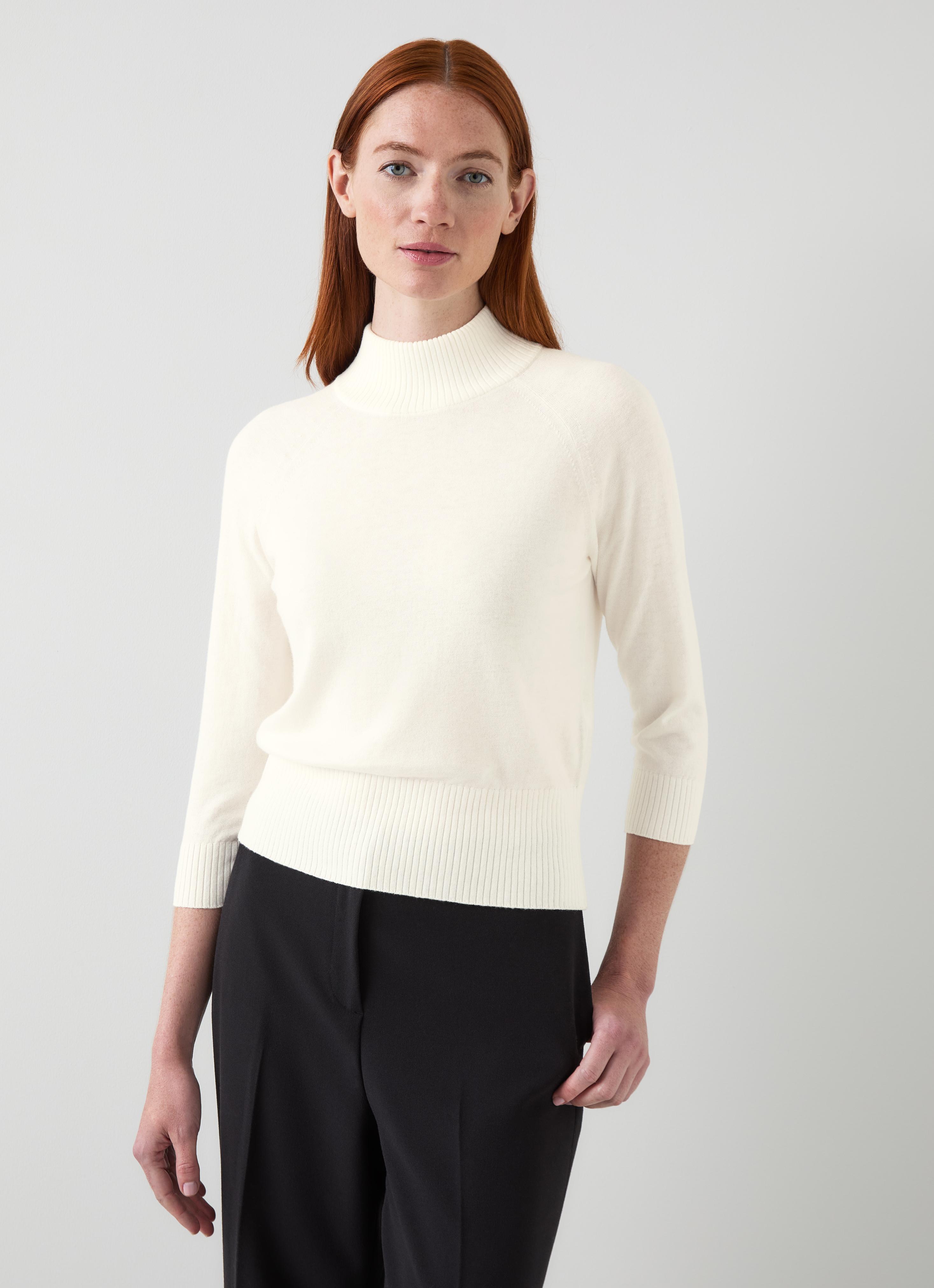 Brett Cream Merino Wool Turtle Neck Quarter Sleeve Sweater