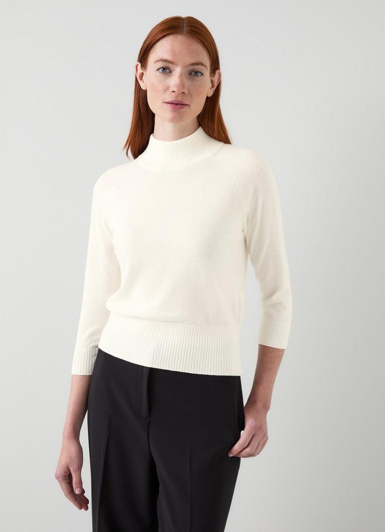 Brett Cream Merino Wool Turtle Neck Quarter Sleeve Sweater