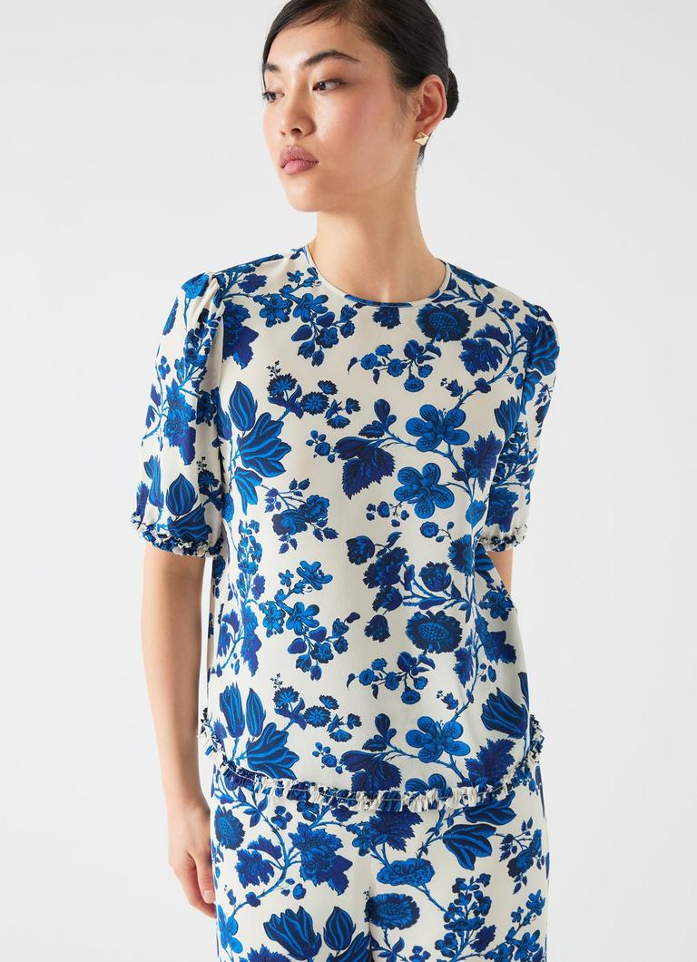 Brielle Birch & Blue Silk China Silk Floral Frill Top