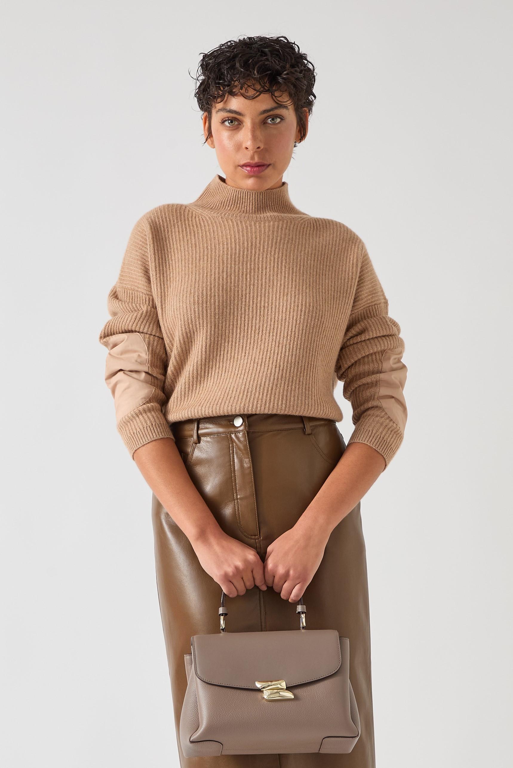 Everly Brown Wool Blend Utility Elbow Patch Rib Sweater | Jumpers