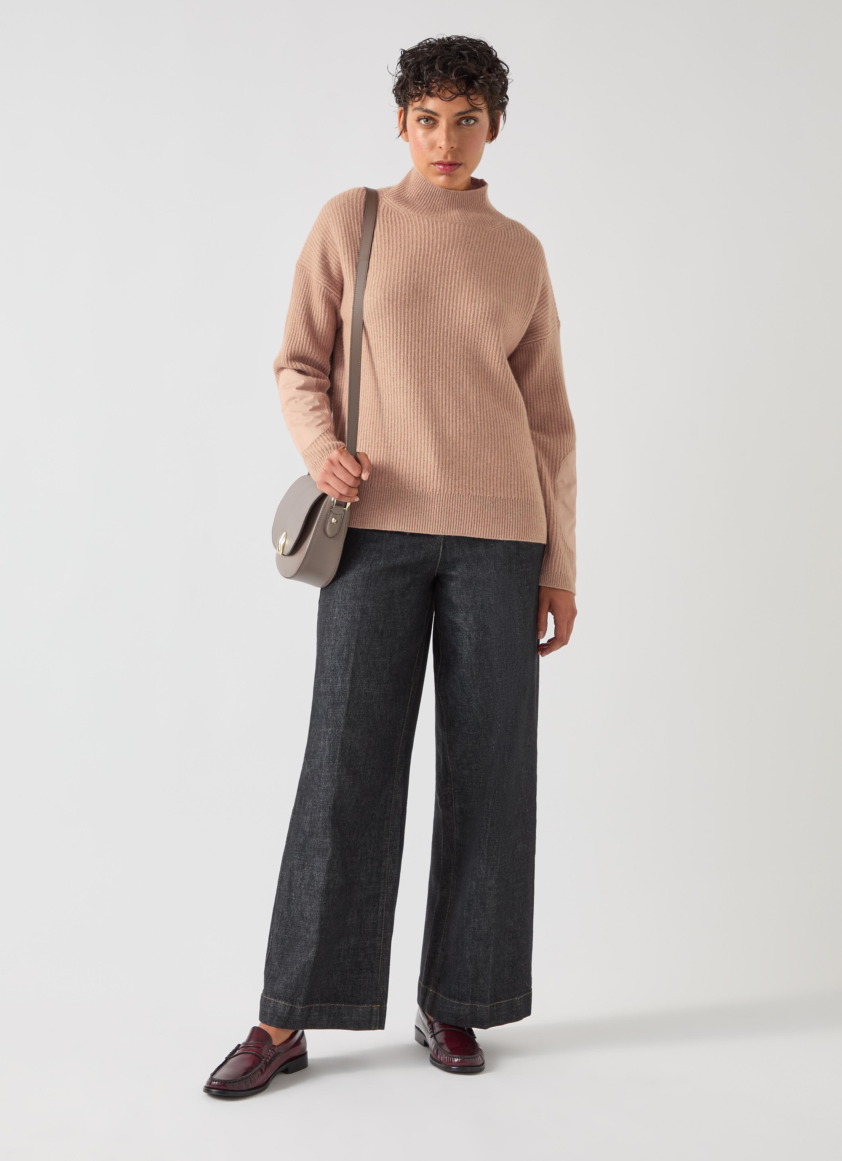 Everly Brown Wool Blend Utility Elbow Patch Rib Sweater | Jumpers