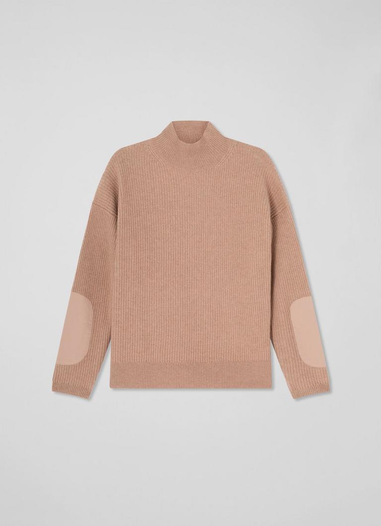 Everly Brown Wool Blend Utility Elbow Patch Rib Sweater Jumpers