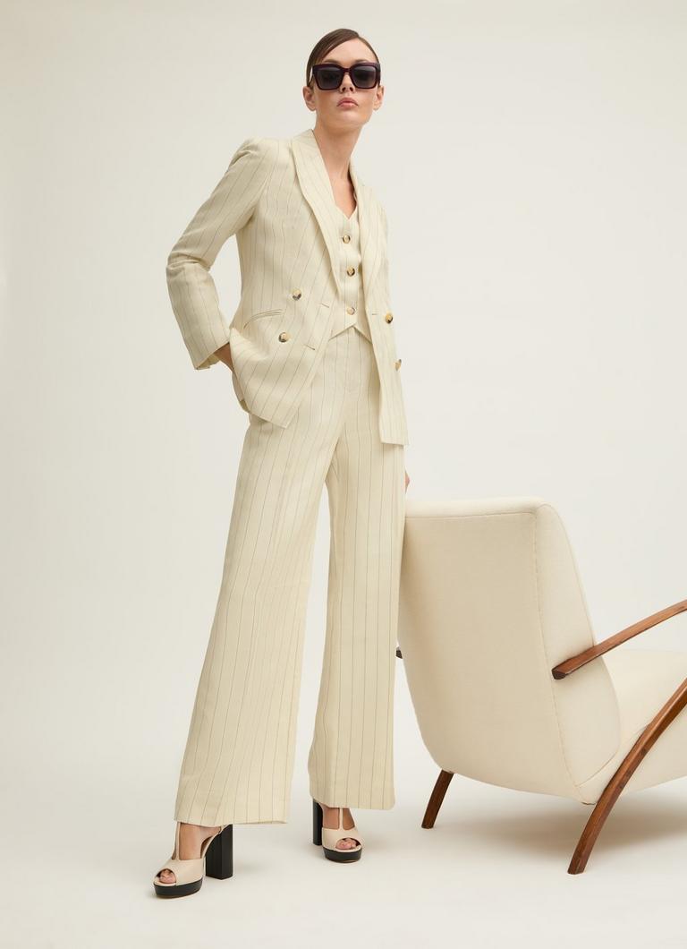 Amore Cream & Black Linen Blend Pinstripe Wide Leg Trouser