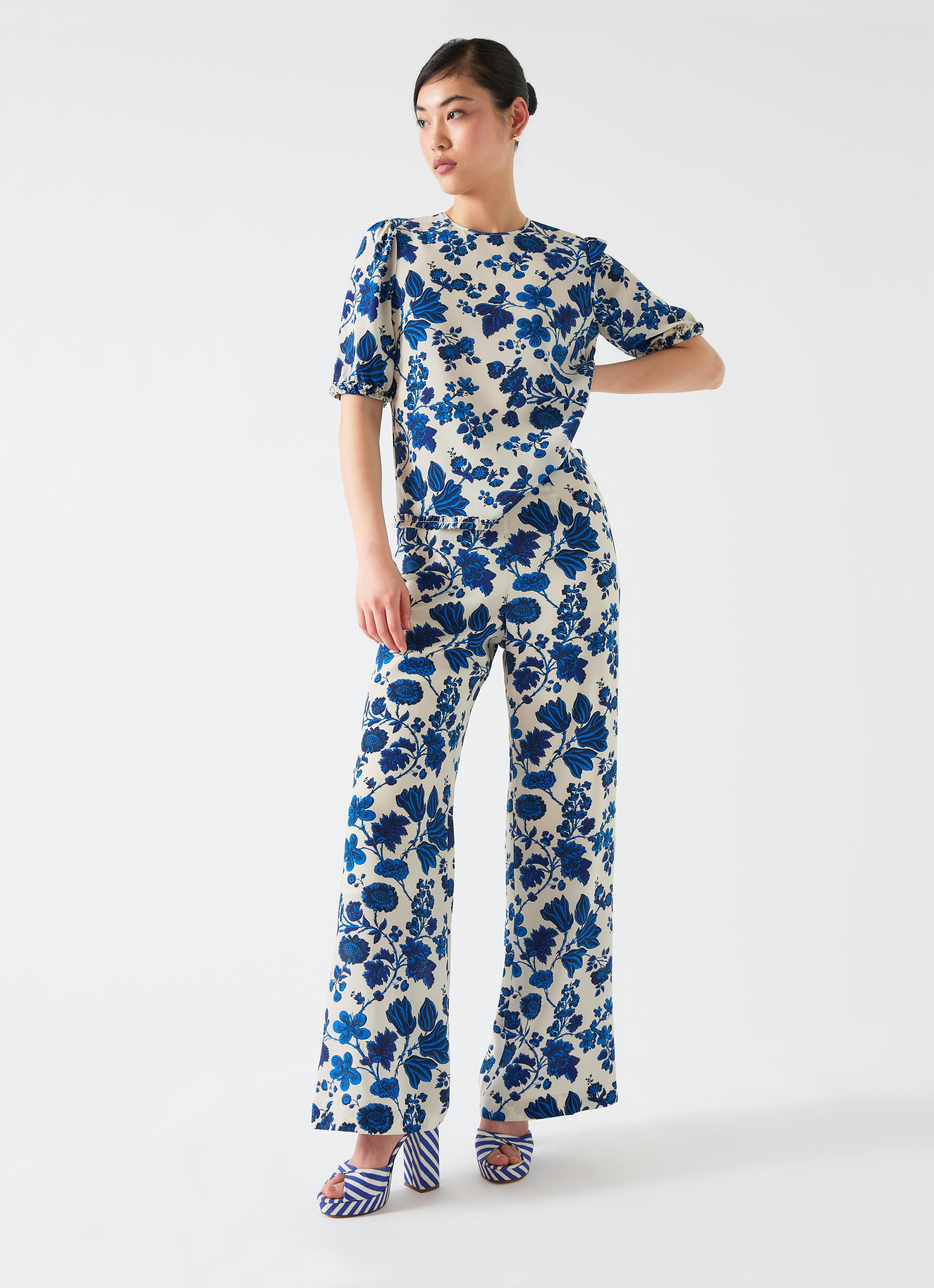 Brielle Birch & Blue Silk China Silk Floral Trouser