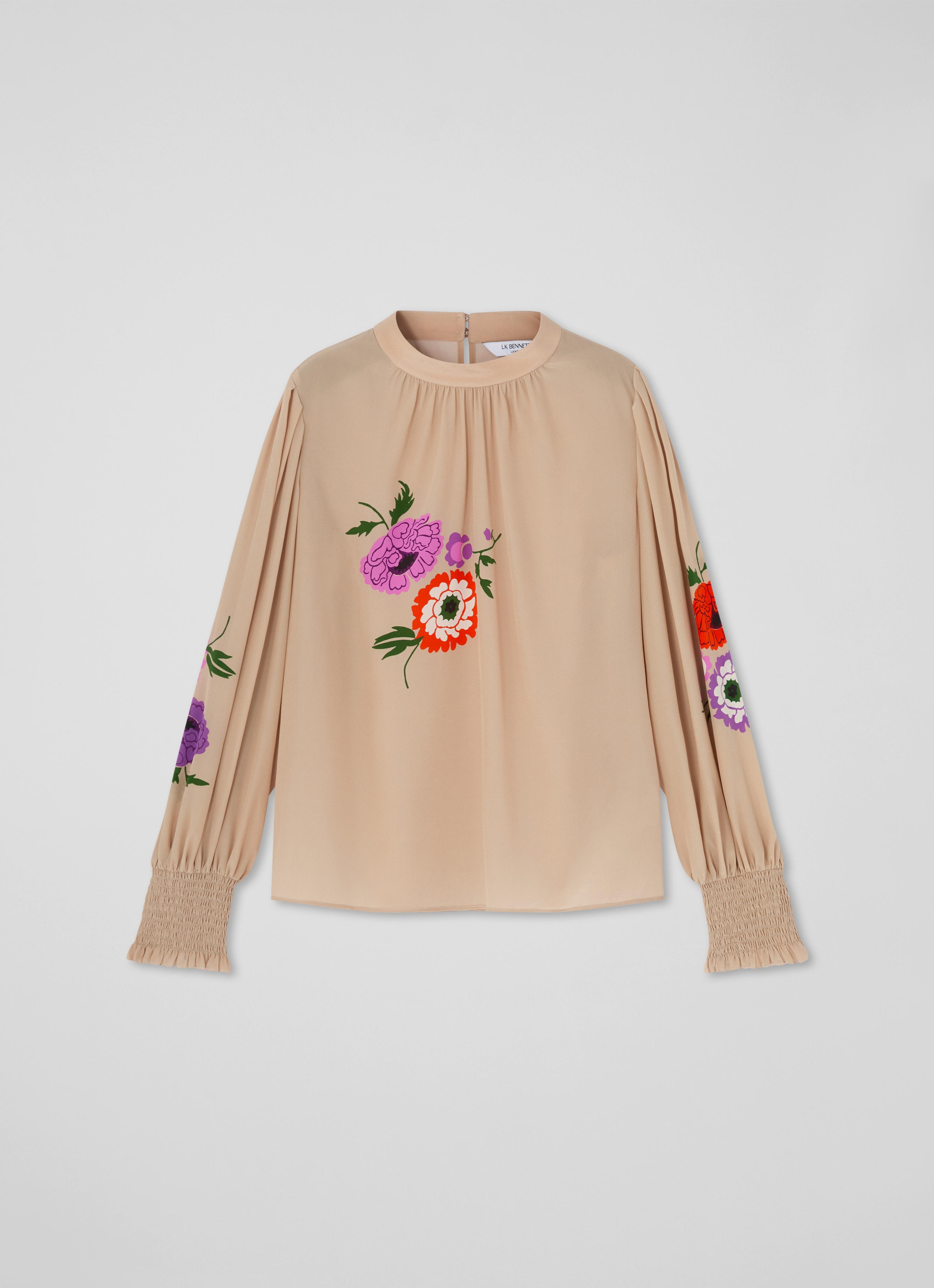 Fleur Nude Silk Placement Floral Motif Blouse Sale Collections