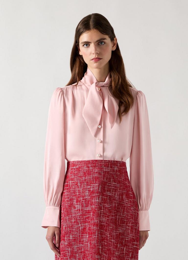 Hall Pink Viscose Crepe Tie Neck Blouse