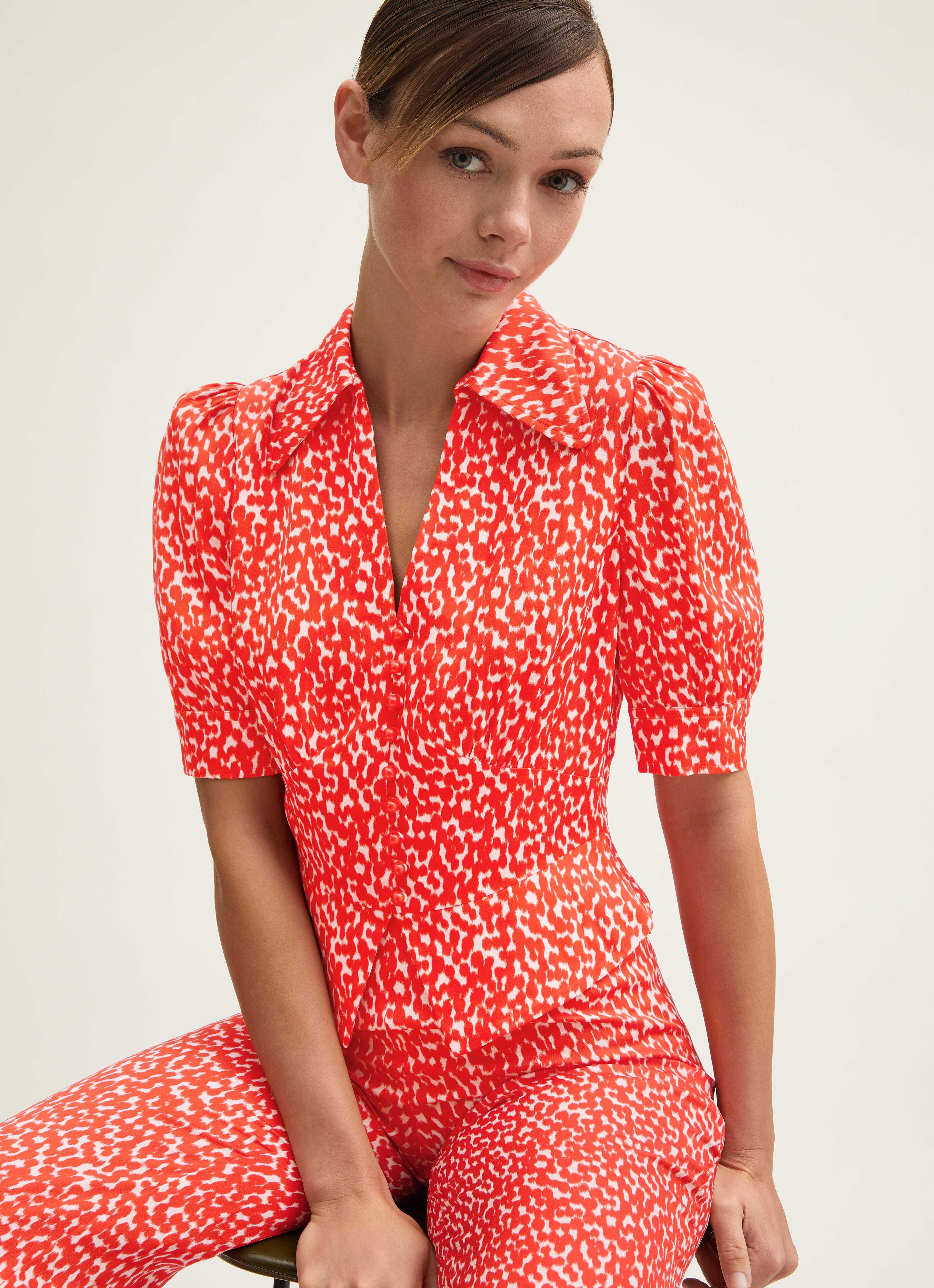 Sophie Aurora Red & Birch Viscose Ikat Spot Print Blouse