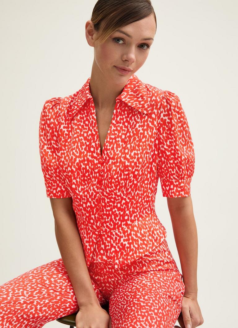 Sophie Aurora Red & Birch Viscose Ikat Spot Print Blouse