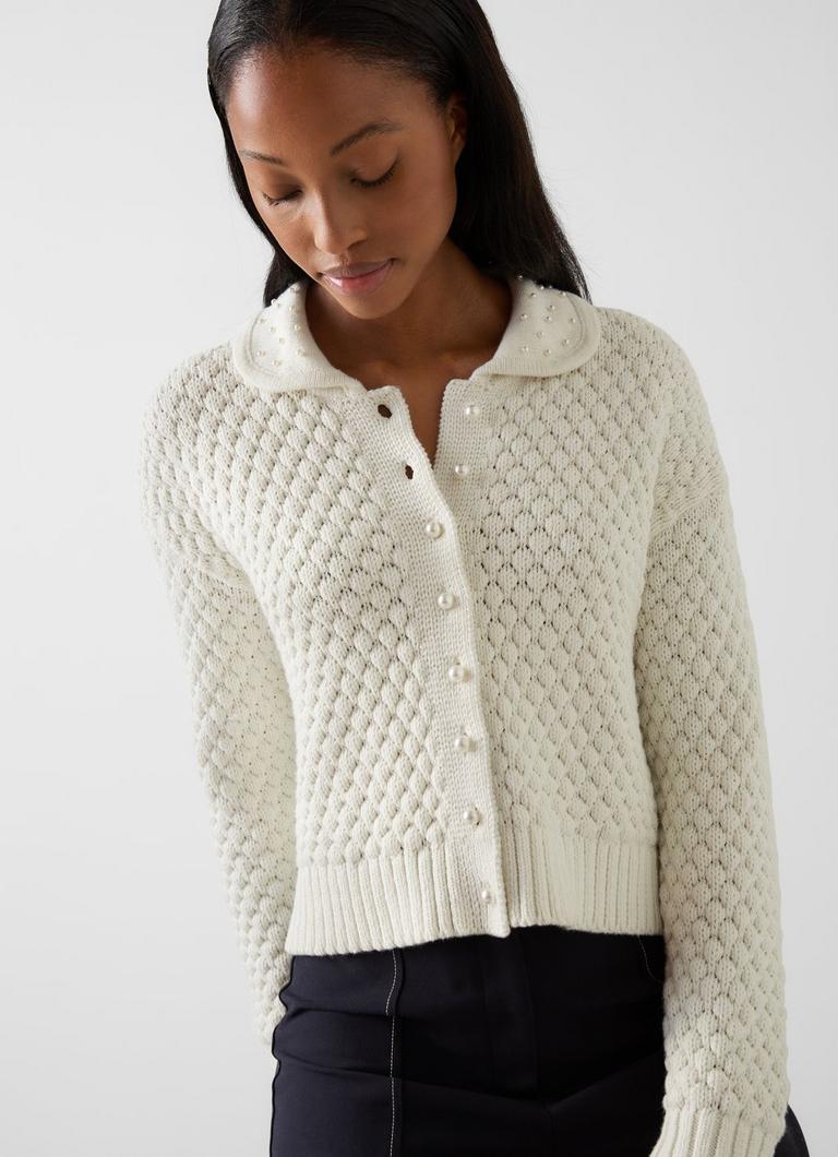 Clo Cream Pearl Knitted Cotton Cardigan