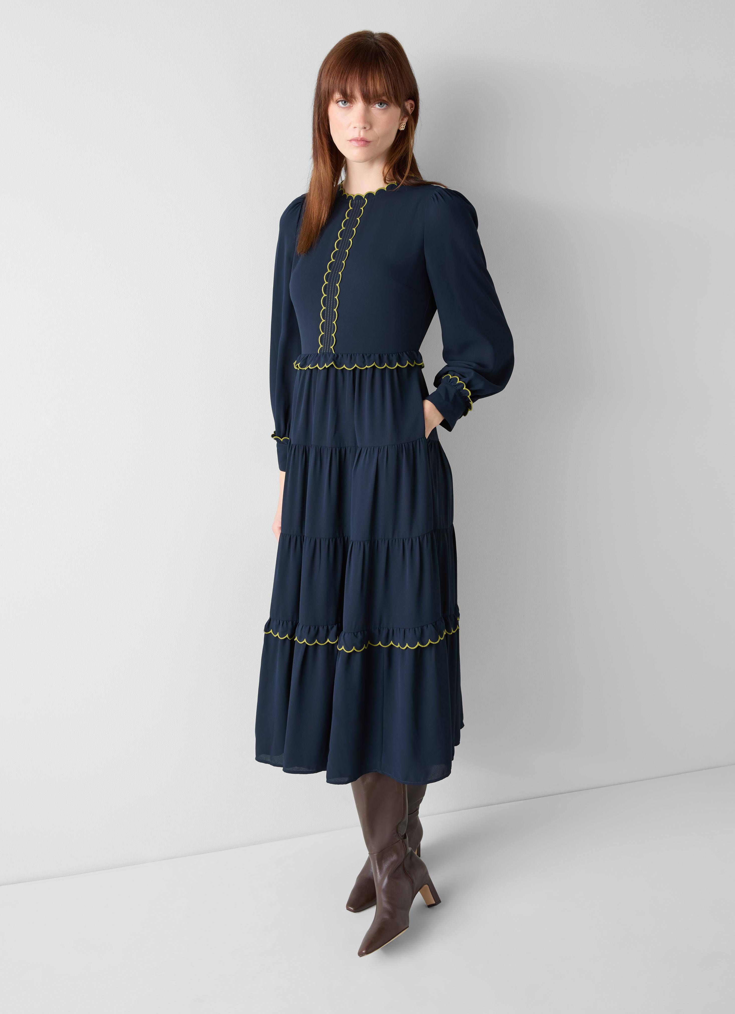 Carly Navy Scallop Detail Tiered Dress