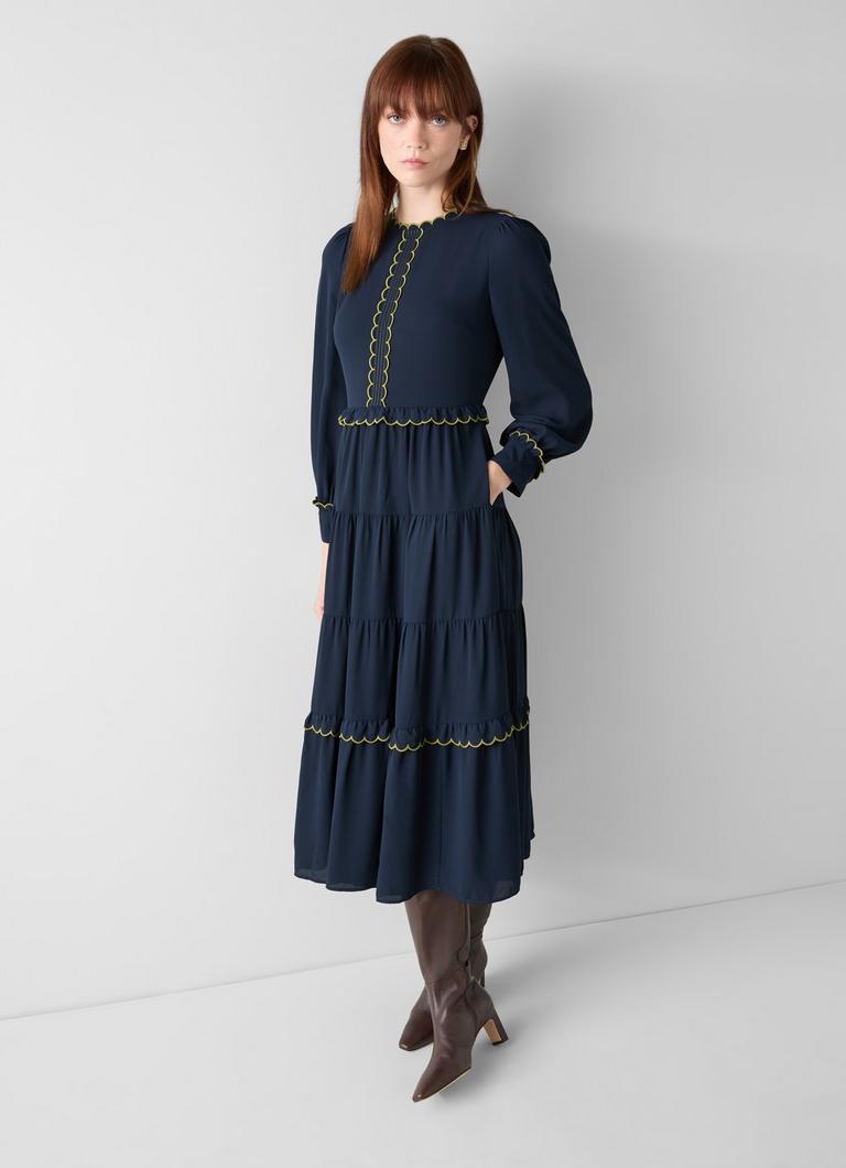 Carly Navy Scallop Detail Tiered Dress