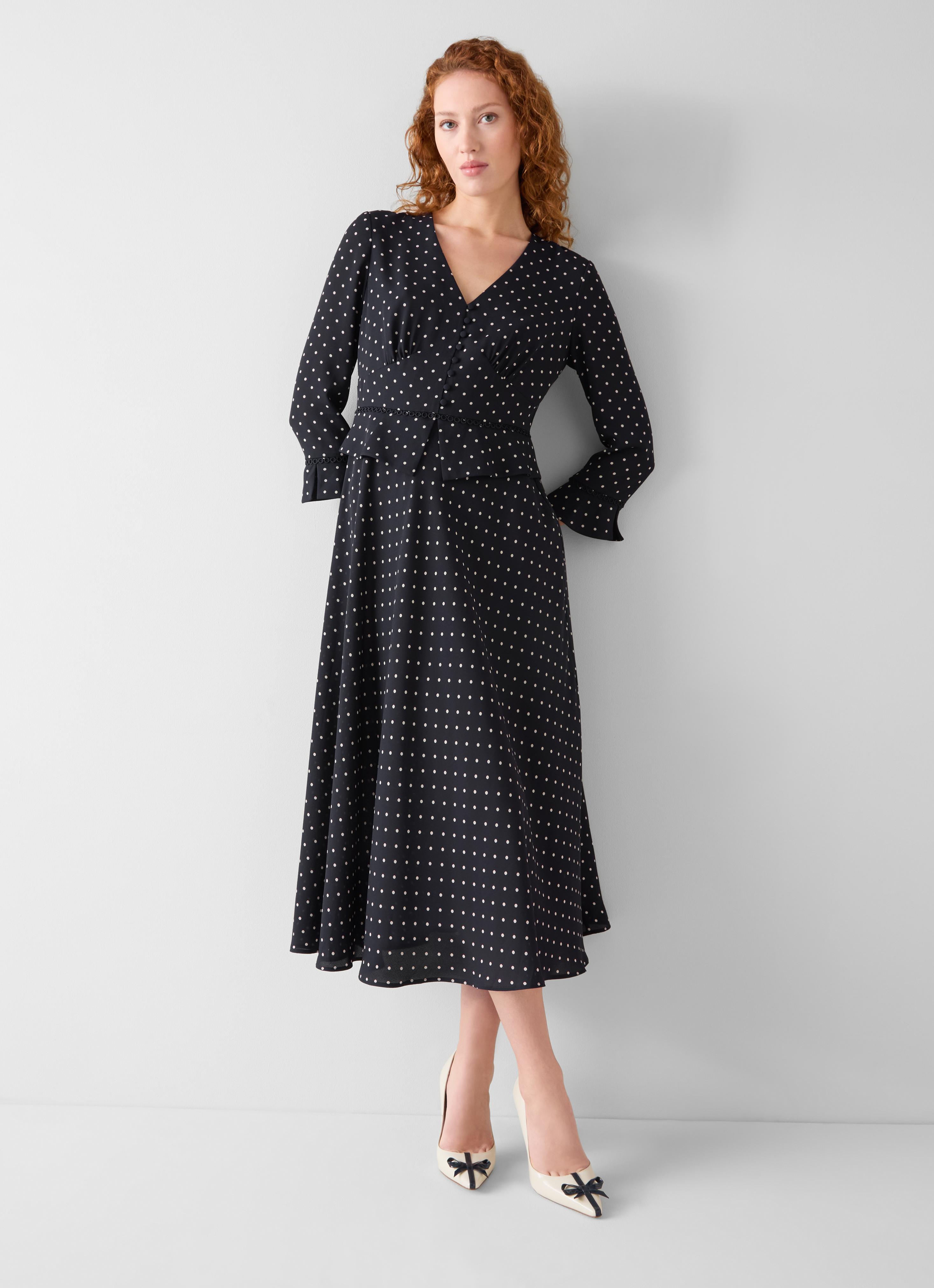 Lisa Navy Spot Peplum Midi Dress