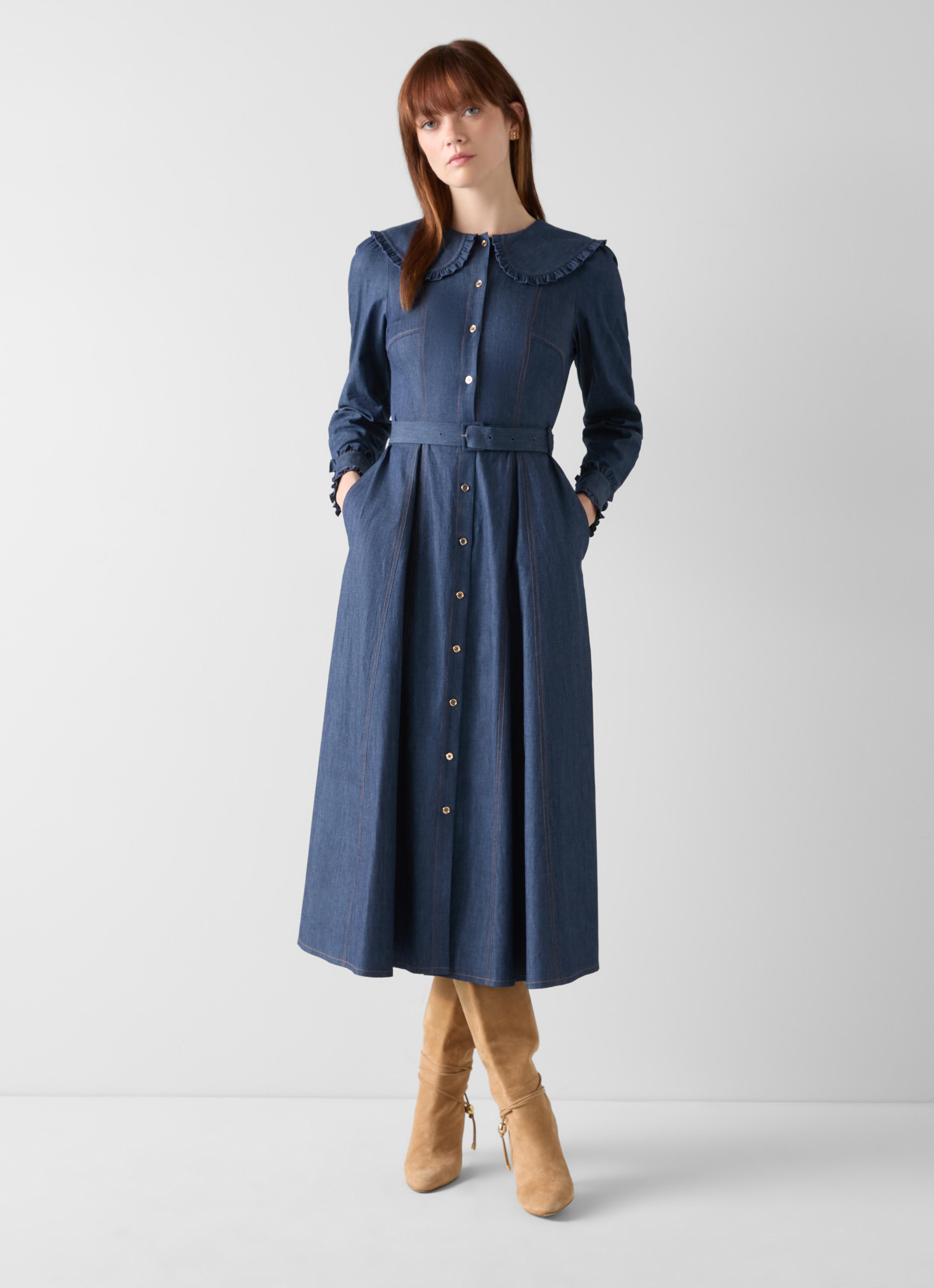 Pippa Indigo Cotton Denim Frill Dress