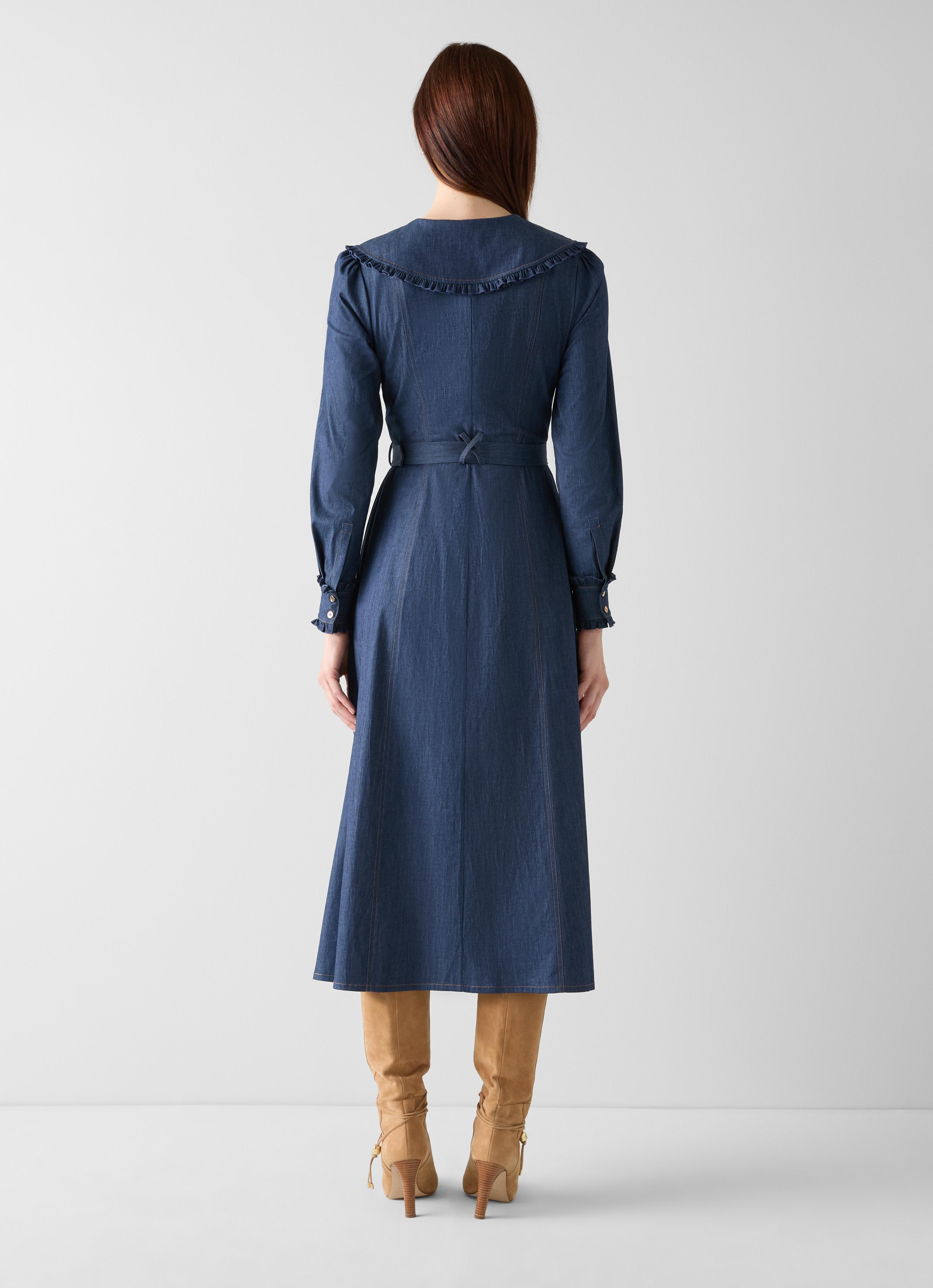 Pippa Indigo Cotton Denim Frill Dress | Midi Dresses | Dresses | Clothing |  Collections | L.K.Bennett, London