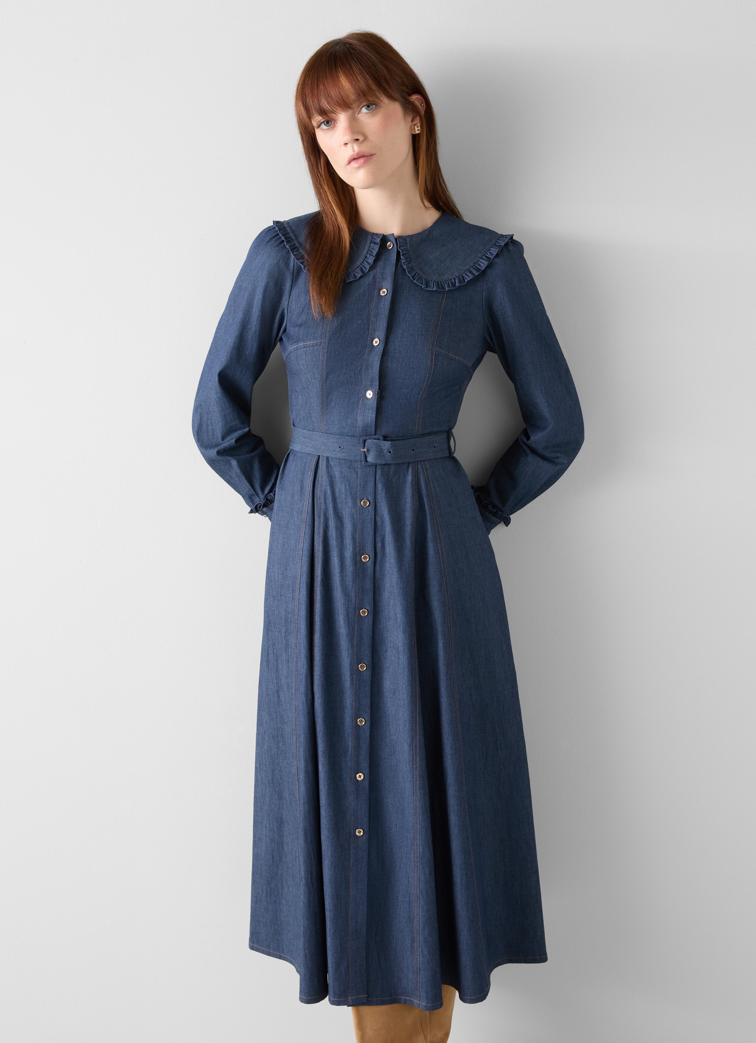 Pippa Indigo Cotton Denim Frill Dress | Midi Dresses | Dresses | Clothing |  Collections | L.K.Bennett, London