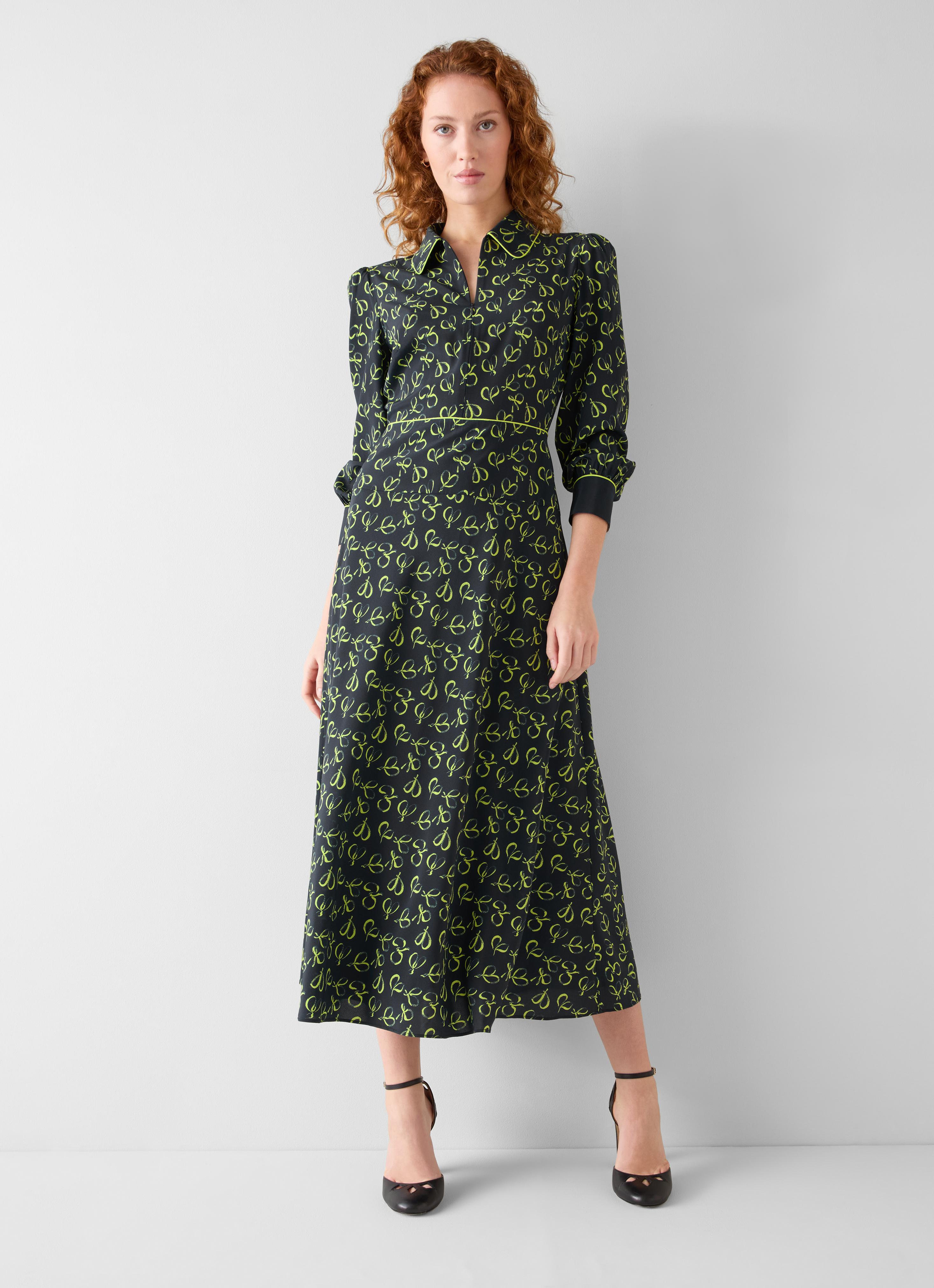 Ramona Navy Bow Print Silk Mix Tea Dress