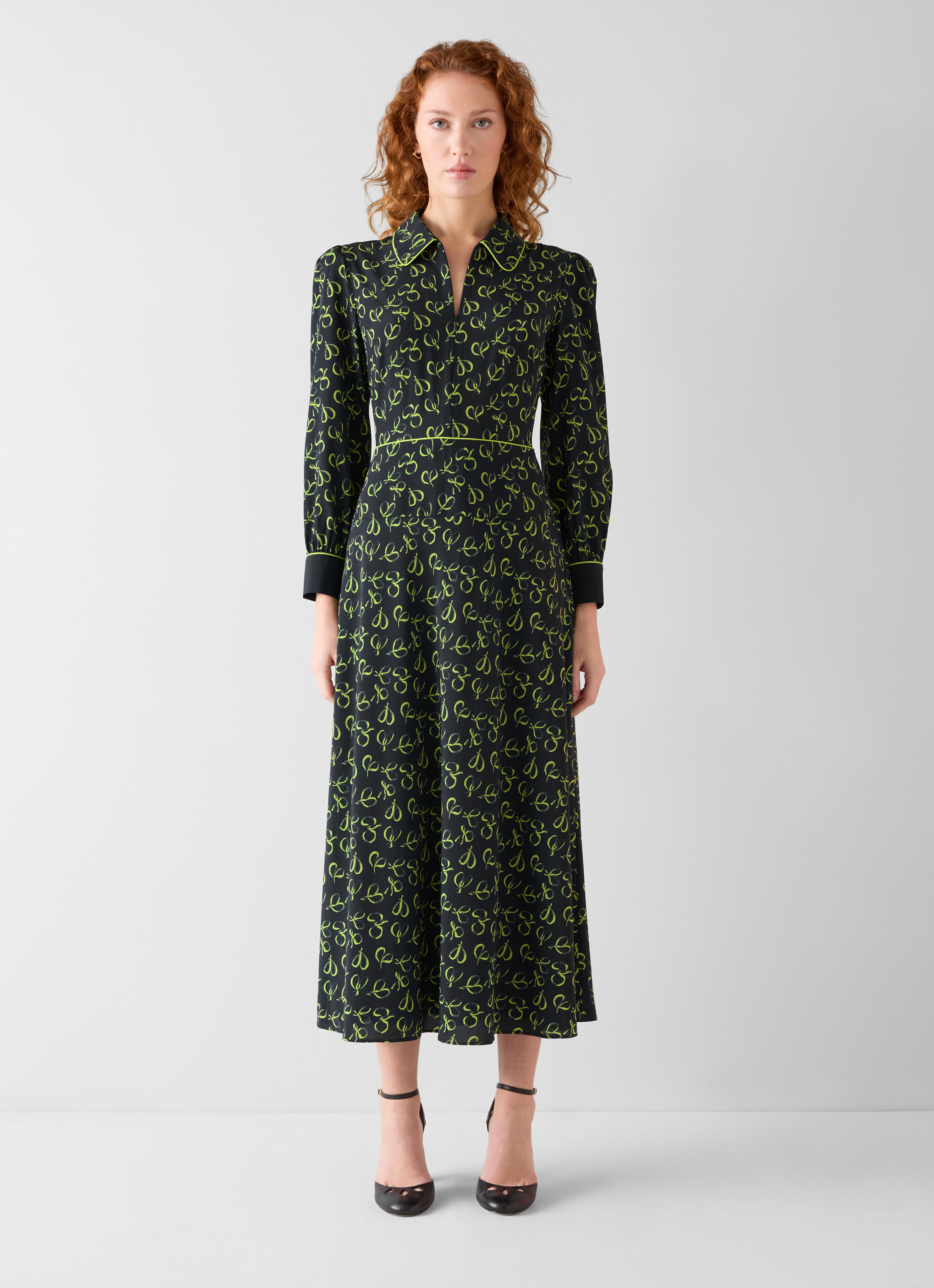 Ramona Navy Bow Print Silk Mix Tea Dress