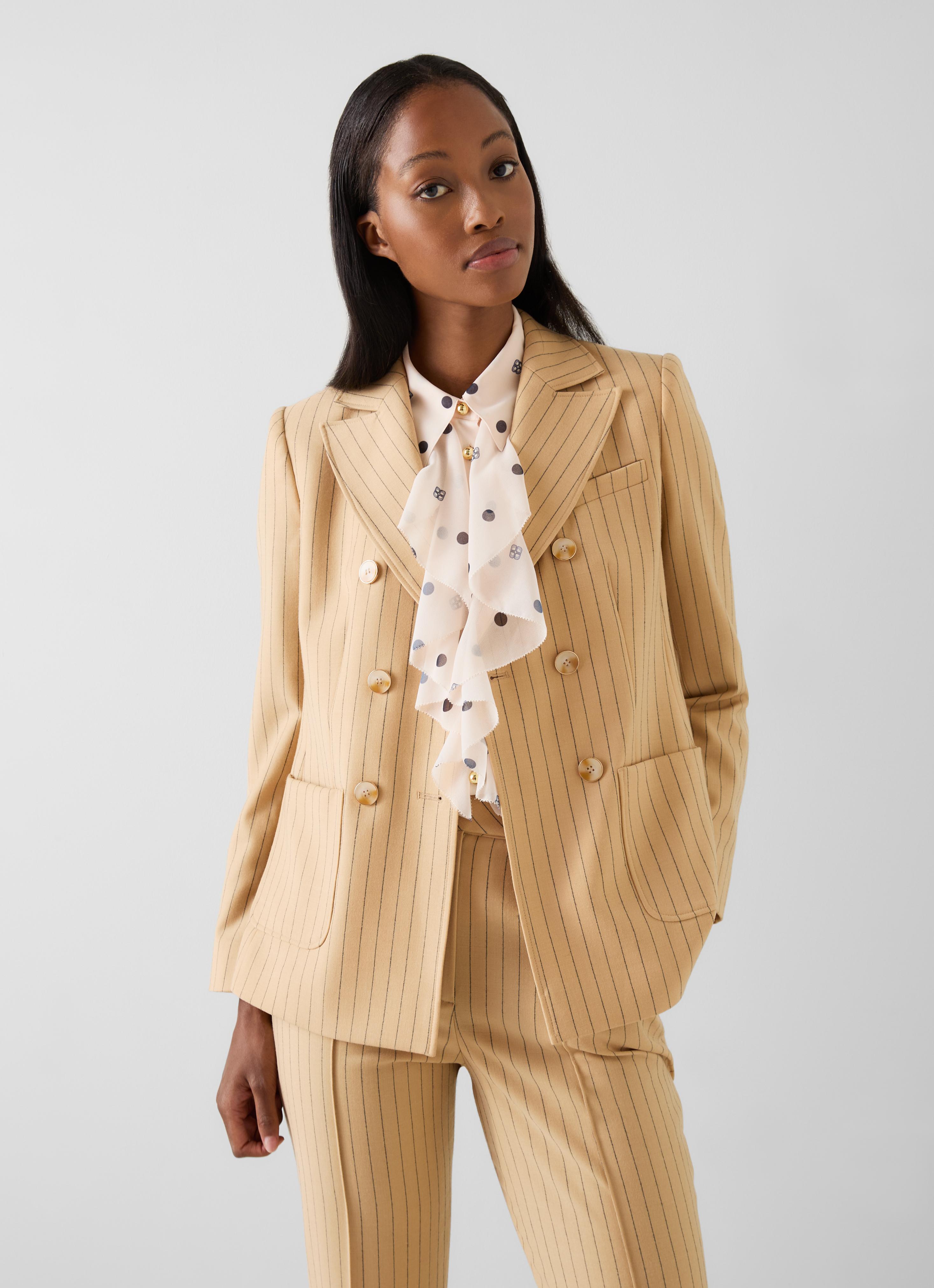Winnie Pinstripe Multi Camel Wool Double-Breasted Jacket | Coats
