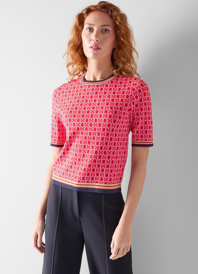 Delilah Red Multi Short Sleeve Knitted Top