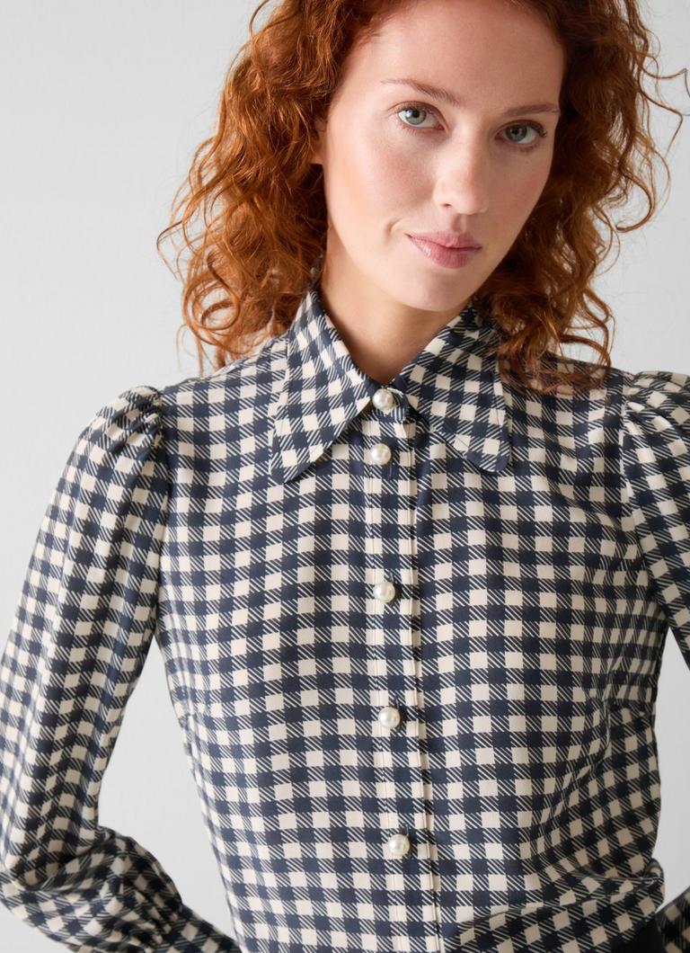 Sonya Navy Gingham Printed Silk Blouse