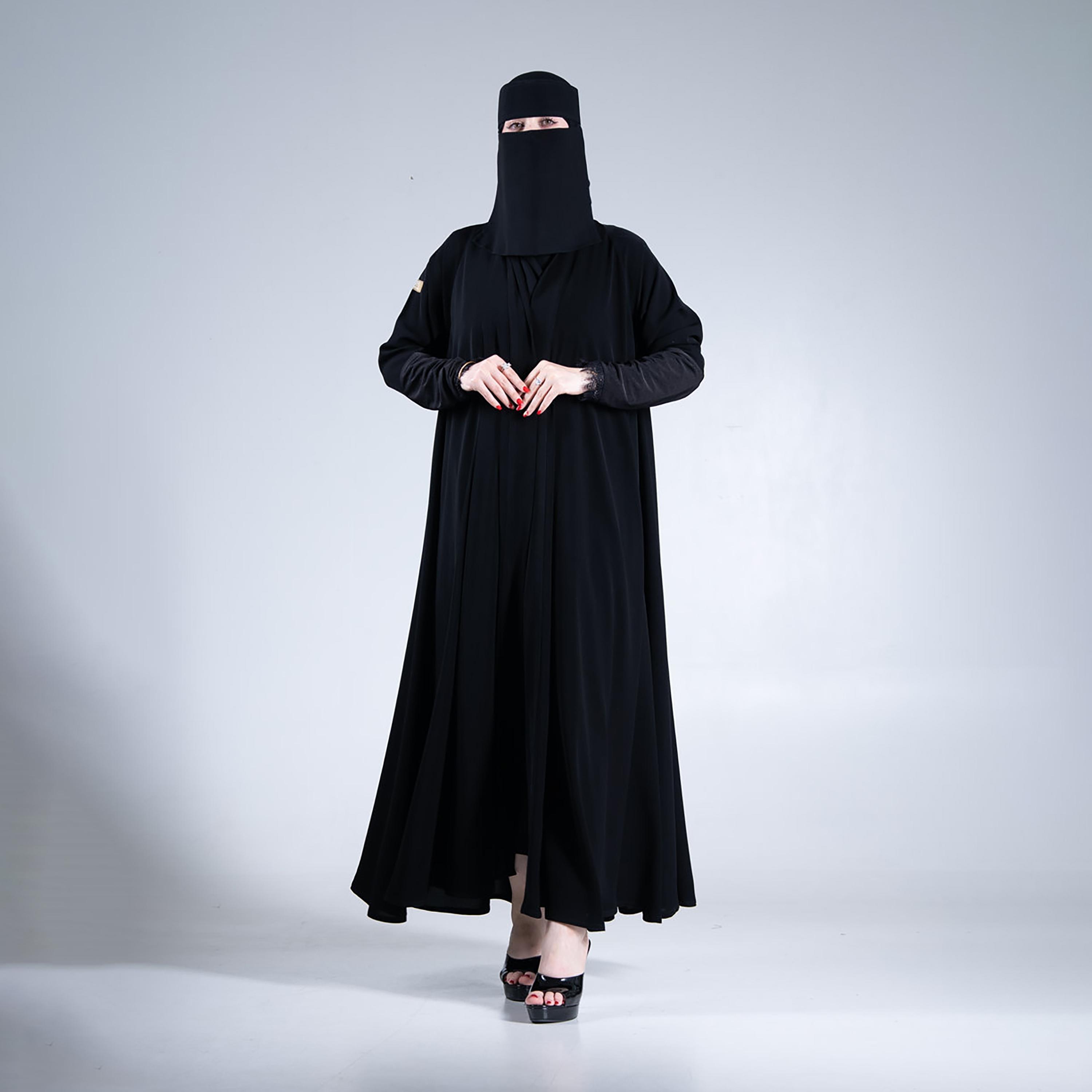 Aljamal Alraaqi Black Royal Crepe Women's Double Cloche Abaya-women-arabicclothing-abayas-image-1