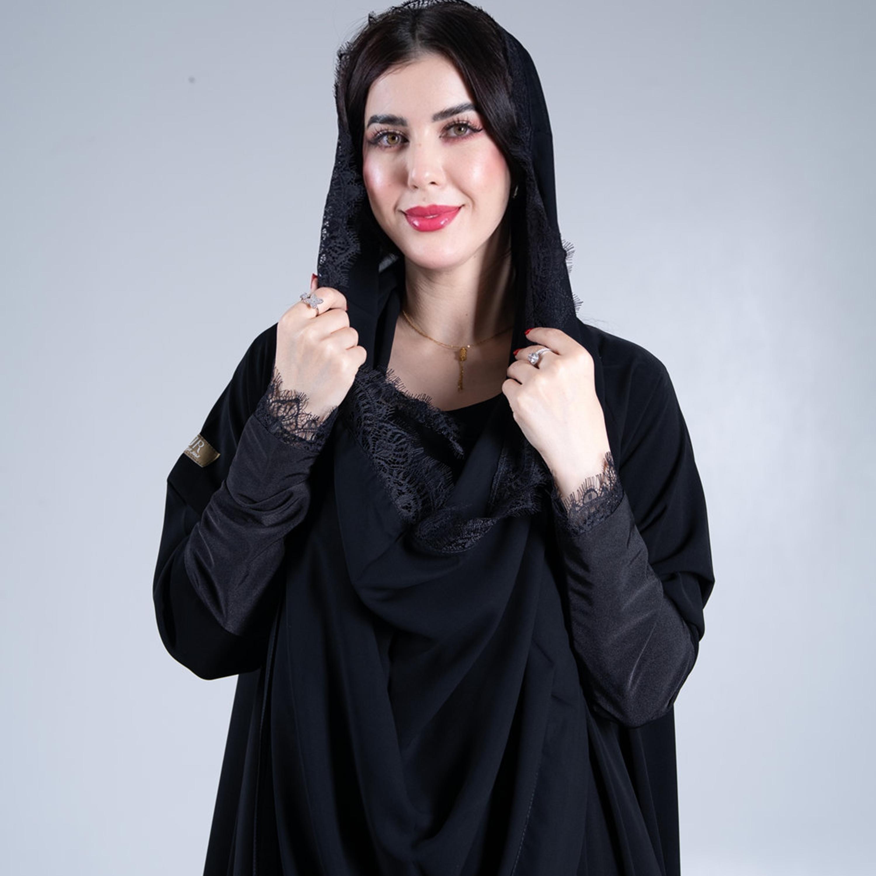 Aljamal Alraaqi Black Royal Crepe Women's Double Cloche Abaya-women-arabicclothing-abayas-image-3