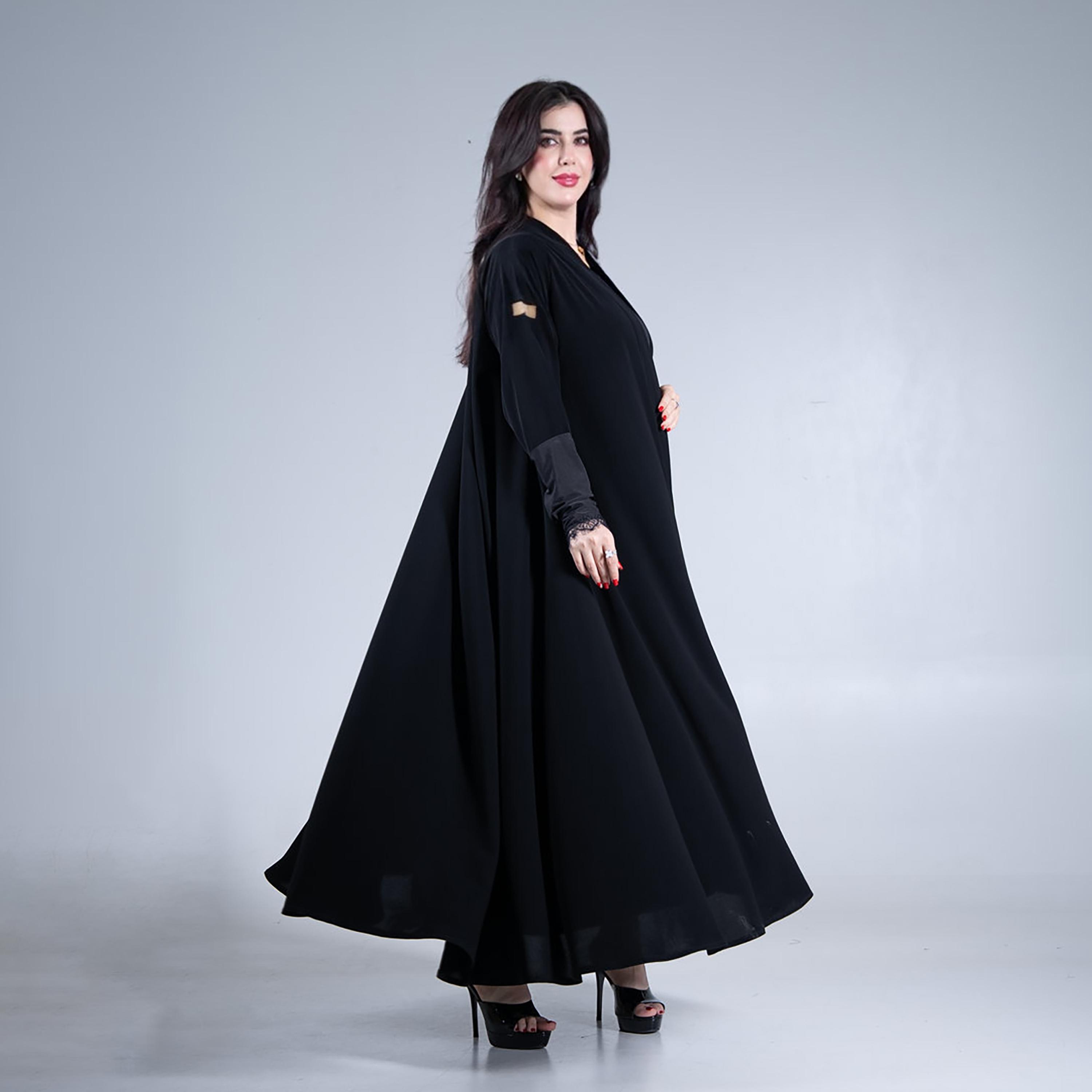 Aljamal Alraaqi Black Royal Crepe Women's Double Cloche Abaya-women-arabicclothing-abayas-image-4