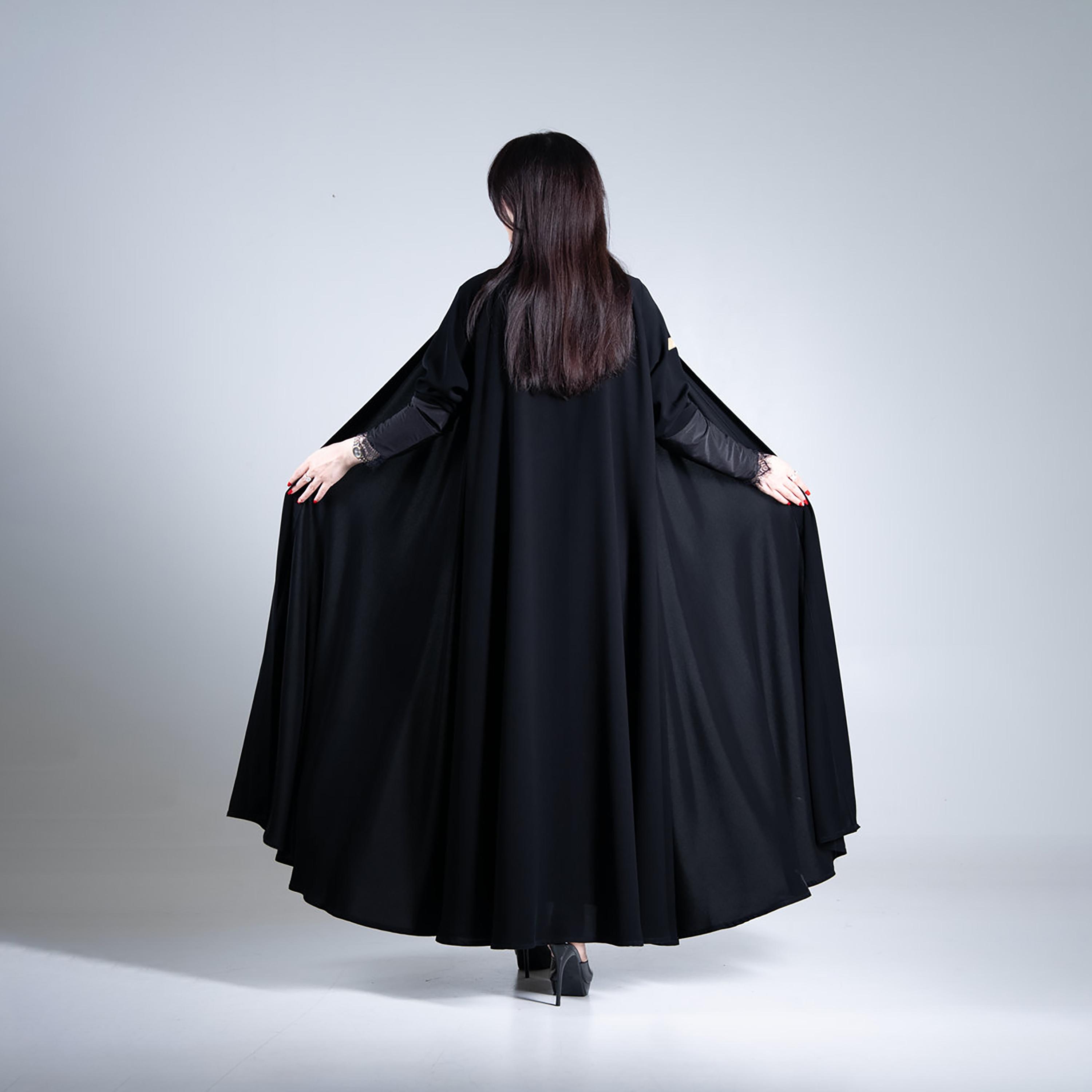 Aljamal Alraaqi Black Royal Crepe Women's Double Cloche Abaya-women-arabicclothing-abayas-image-5