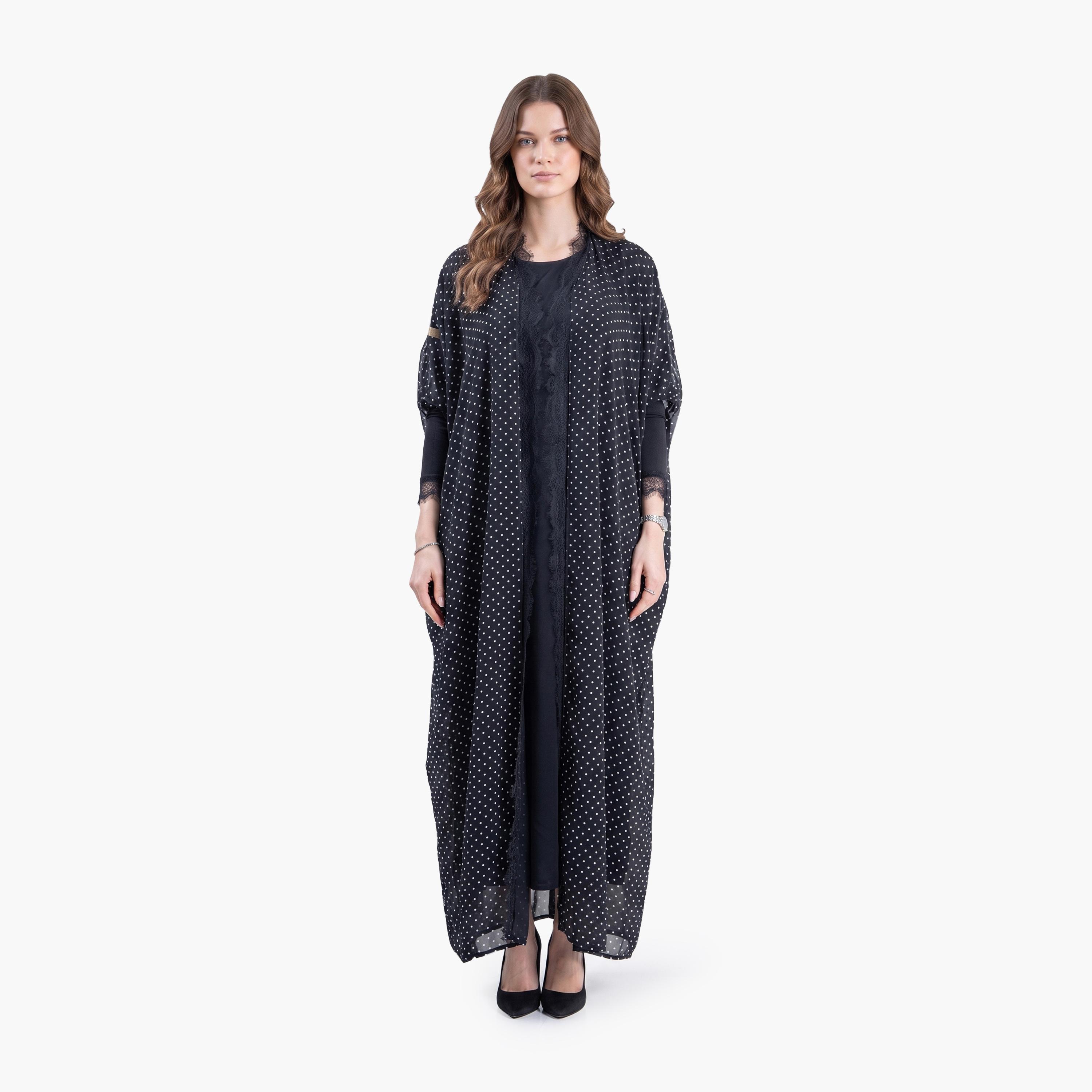 Aljamal Alraaqi Black Polka Dot Lace Butterfly Sleeves Chiffon Women's Bisht Cloche Abaya-women-arabicclothing-abayas-image-1