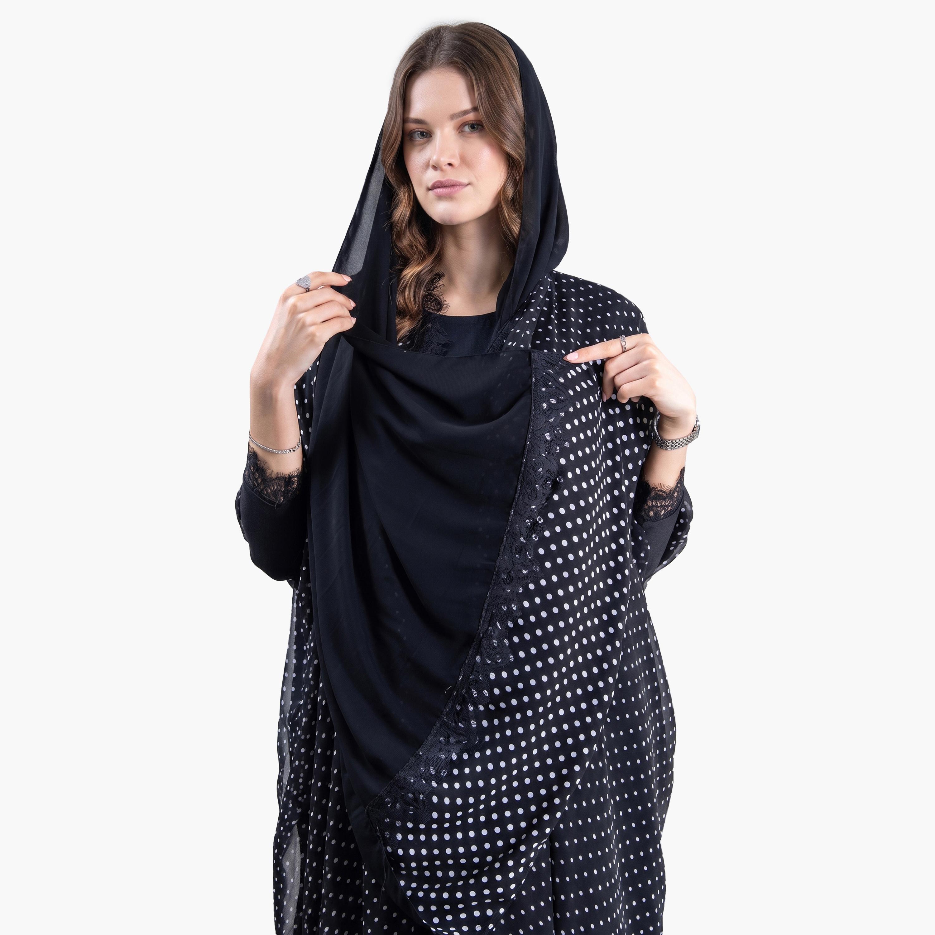 Aljamal Alraaqi Black Polka Dot Lace Butterfly Sleeves Chiffon Women's Bisht Cloche Abaya-women-arabicclothing-abayas-image-2