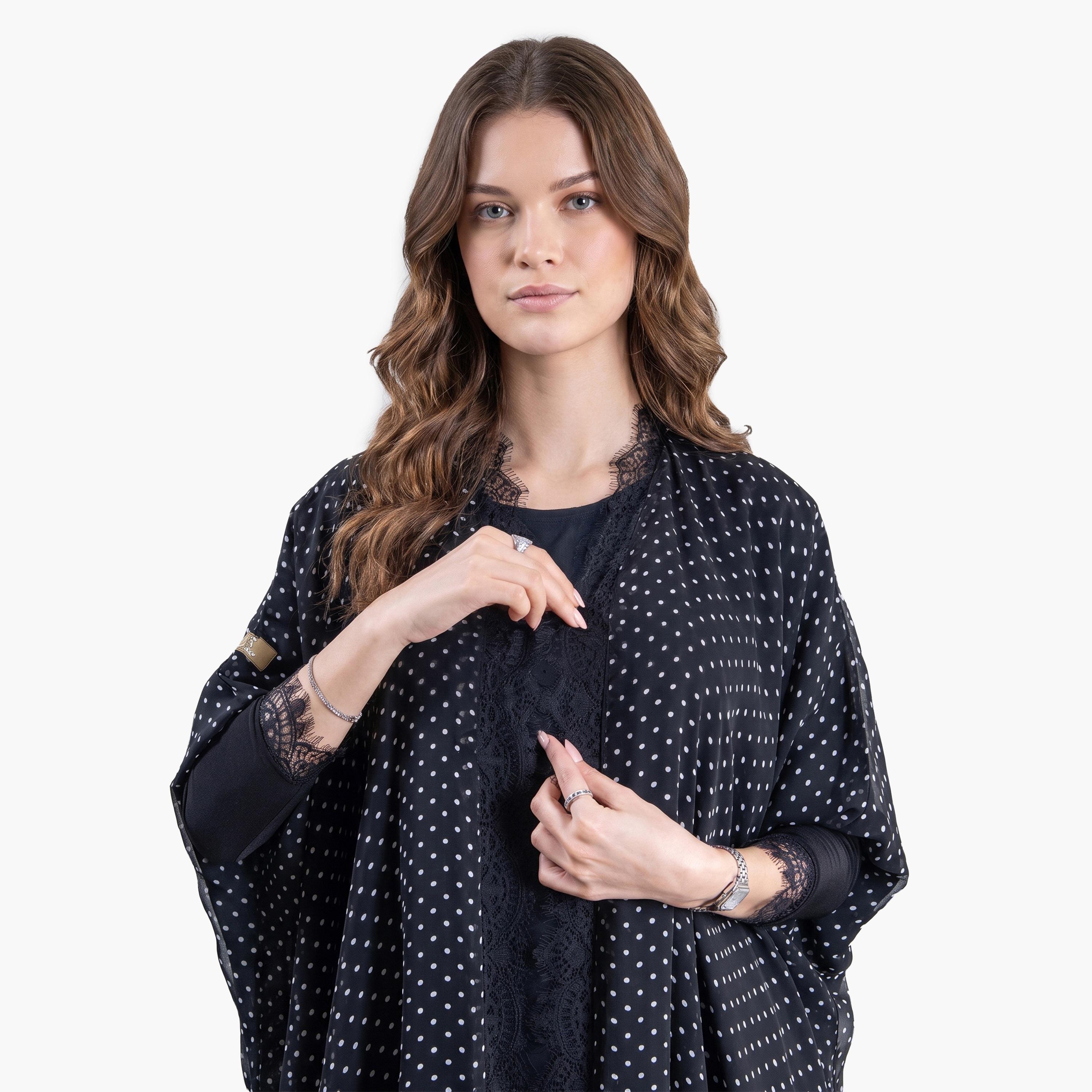 Aljamal Alraaqi Black Polka Dot Lace Butterfly Sleeves Chiffon Women's Bisht Cloche Abaya-women-arabicclothing-abayas-image-3