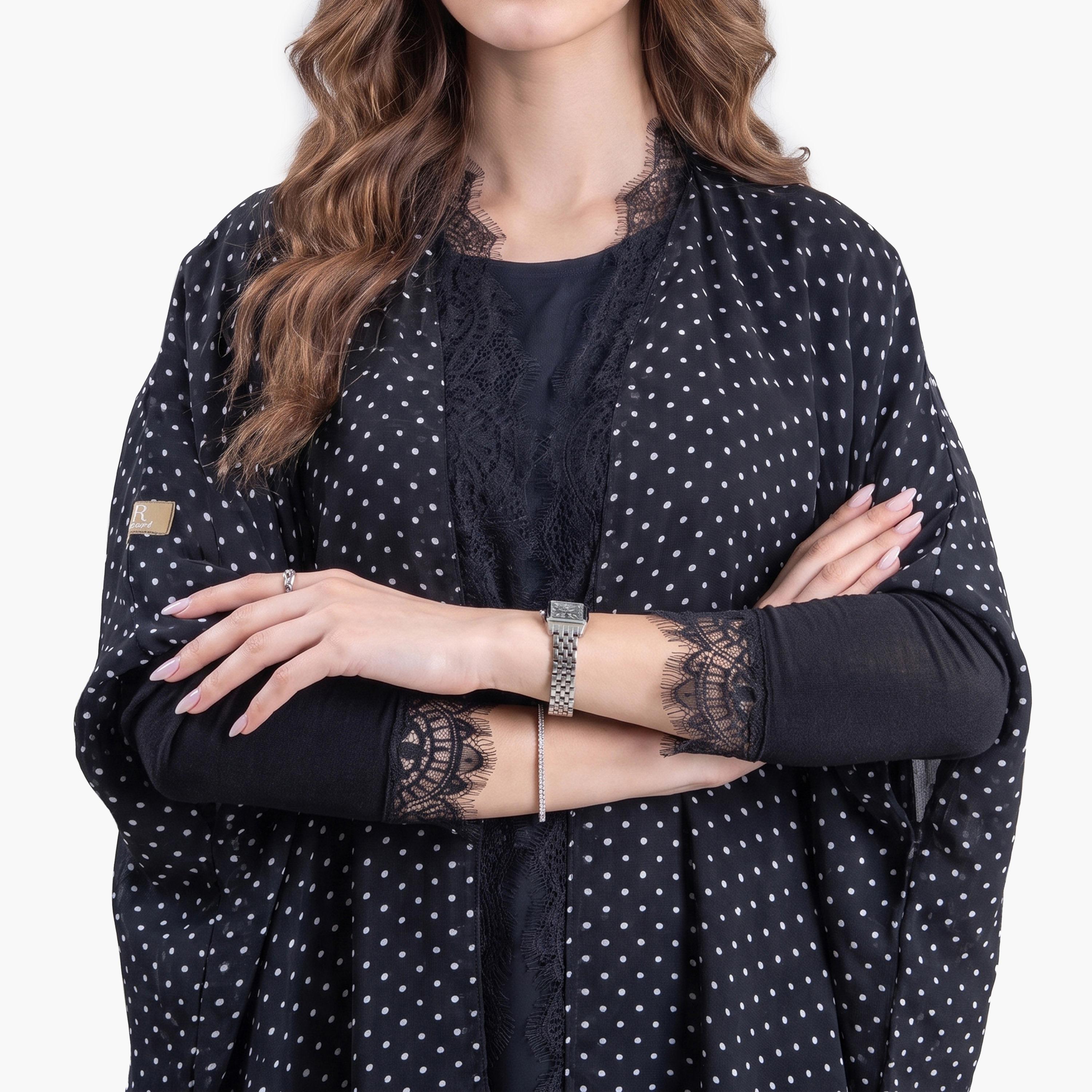 Aljamal Alraaqi Black Polka Dot Lace Butterfly Sleeves Chiffon Women's Bisht Cloche Abaya-women-arabicclothing-abayas-image-4