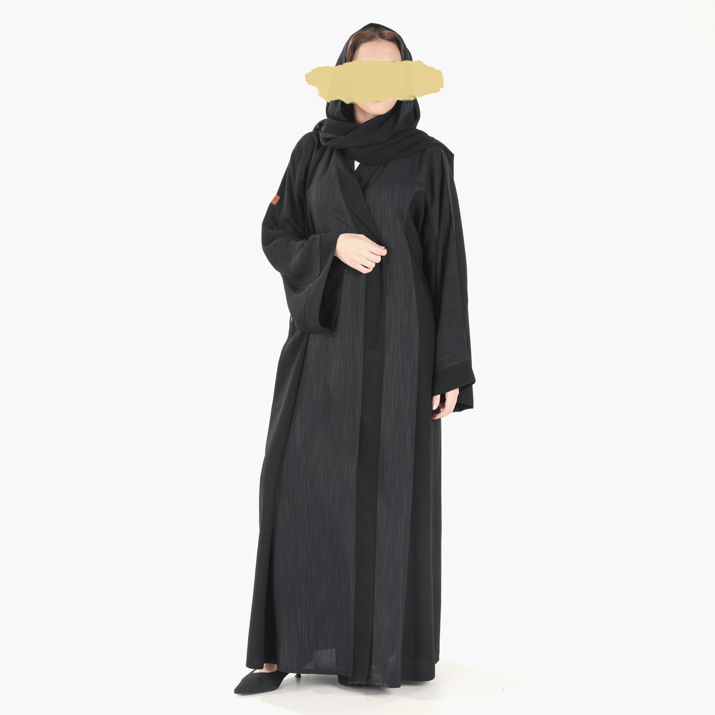 Ramshaa Textured Inner Drawstring Abaya with Hijab-women-arabicclothing-abayas-image-1