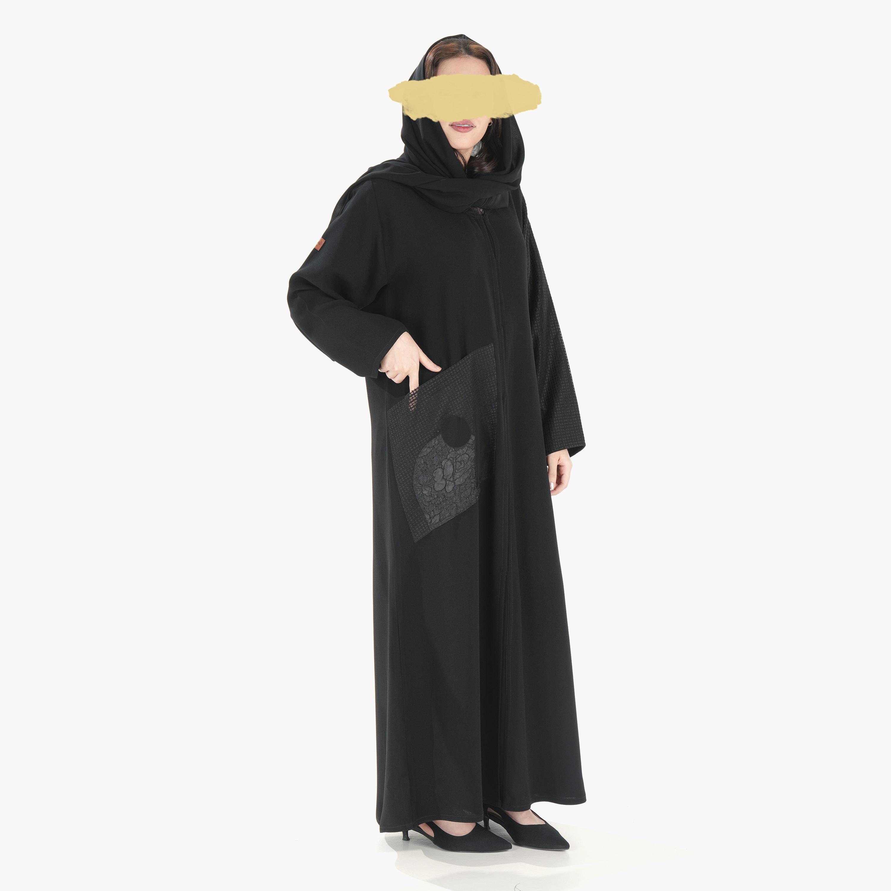 Ramshaa Plain V-Neck Patch Pocket Abaya with Hijab-women-arabicclothing-abayas-image-1