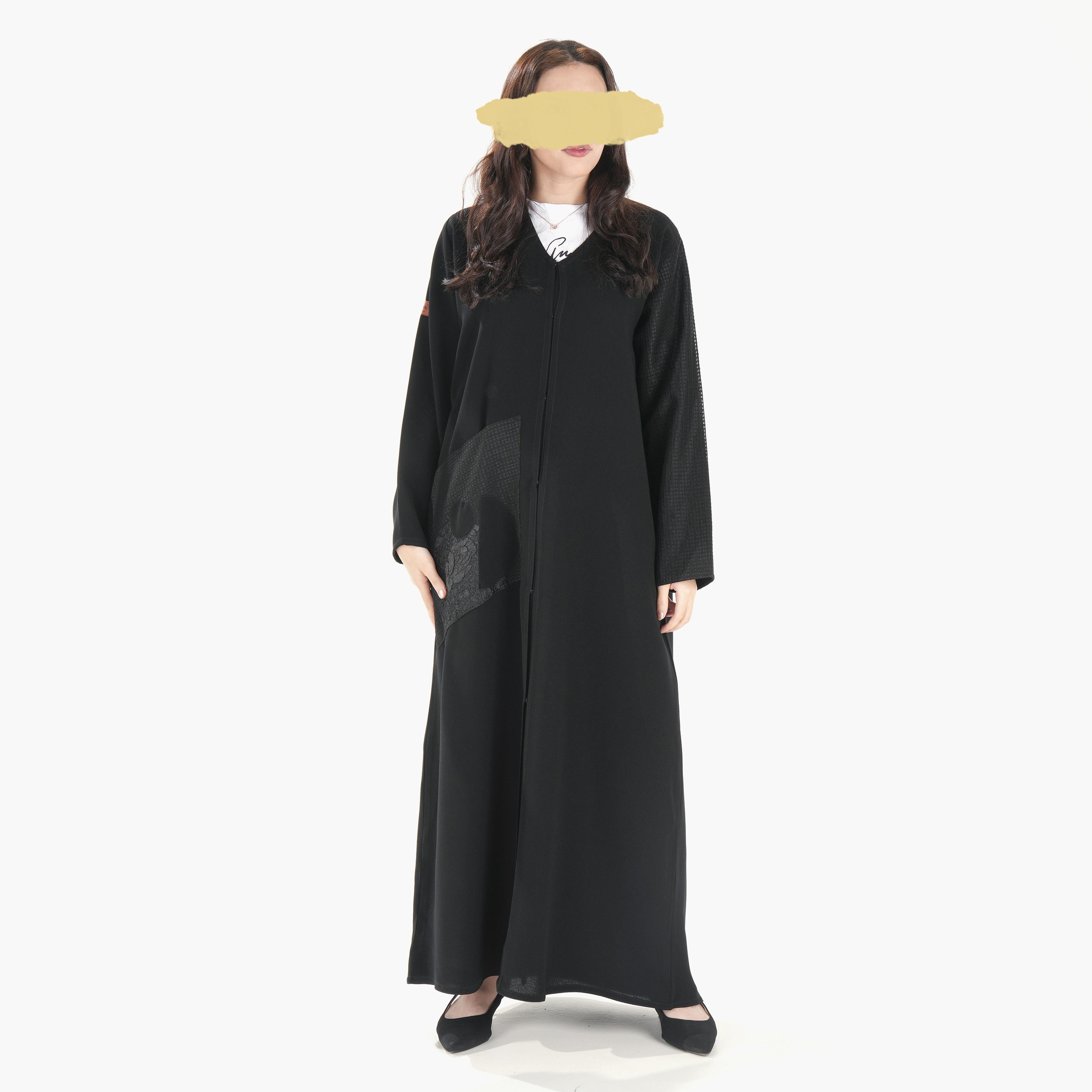 Ramshaa Plain V-Neck Patch Pocket Abaya with Hijab-women-arabicclothing-abayas-image-3