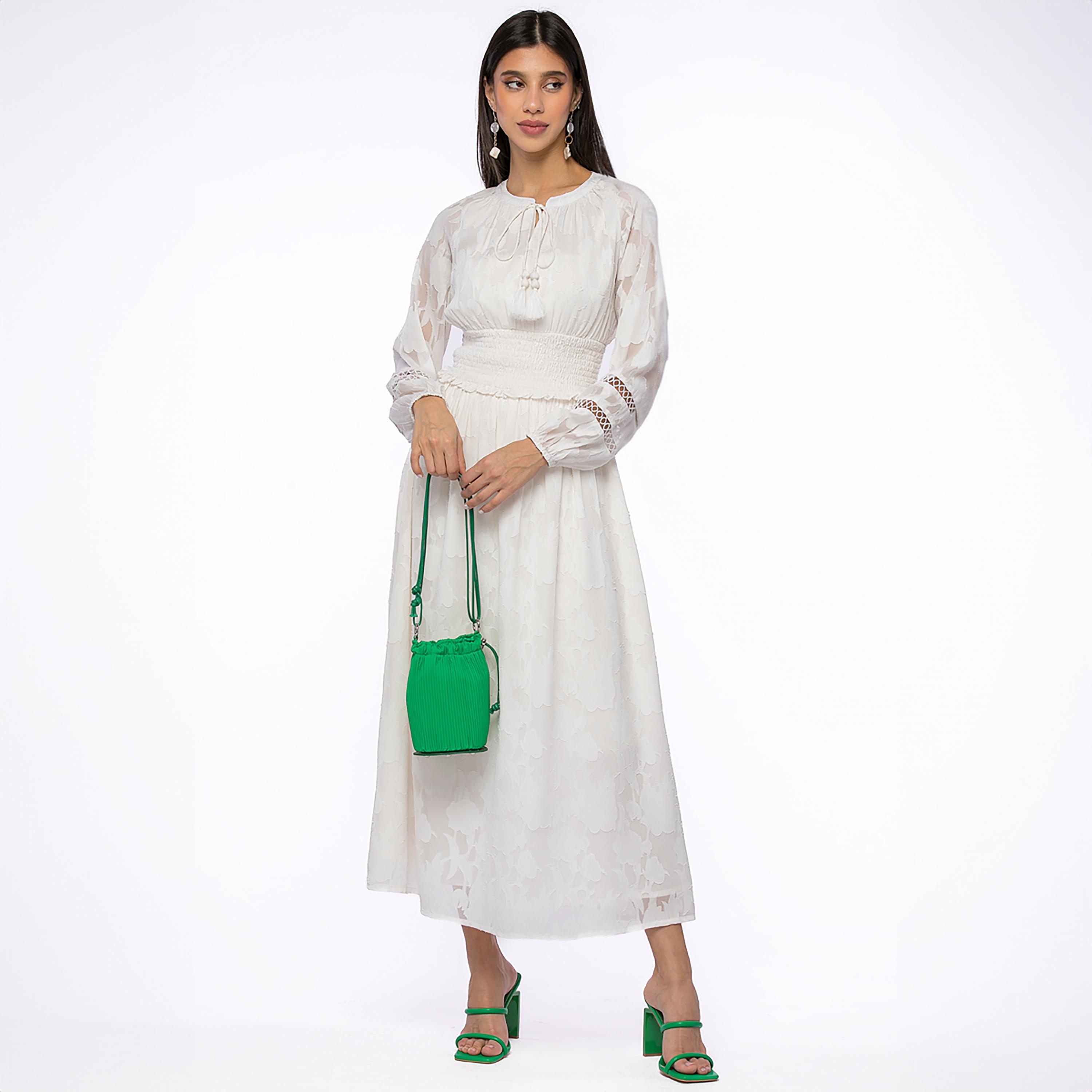 Rina Self Design Mandarin Neck Smocked Maxi Dress-women-clothing-dresses-image-1