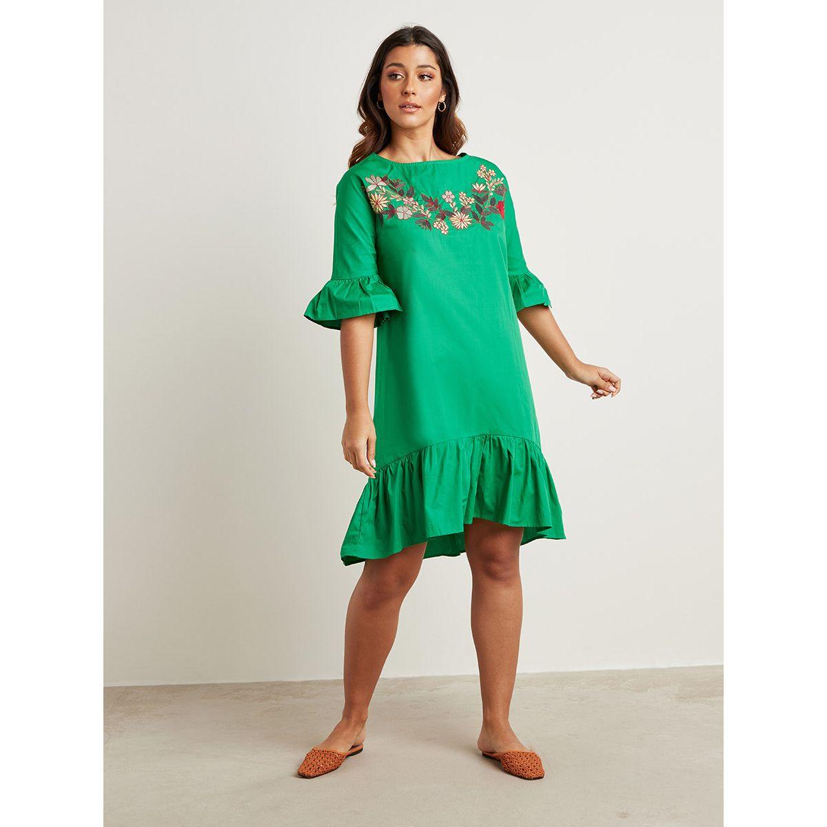 Styli Frill Hem Embroidered Detail Midi Dress with 3/4 Sleeves-women-clothing-dresses-image-1