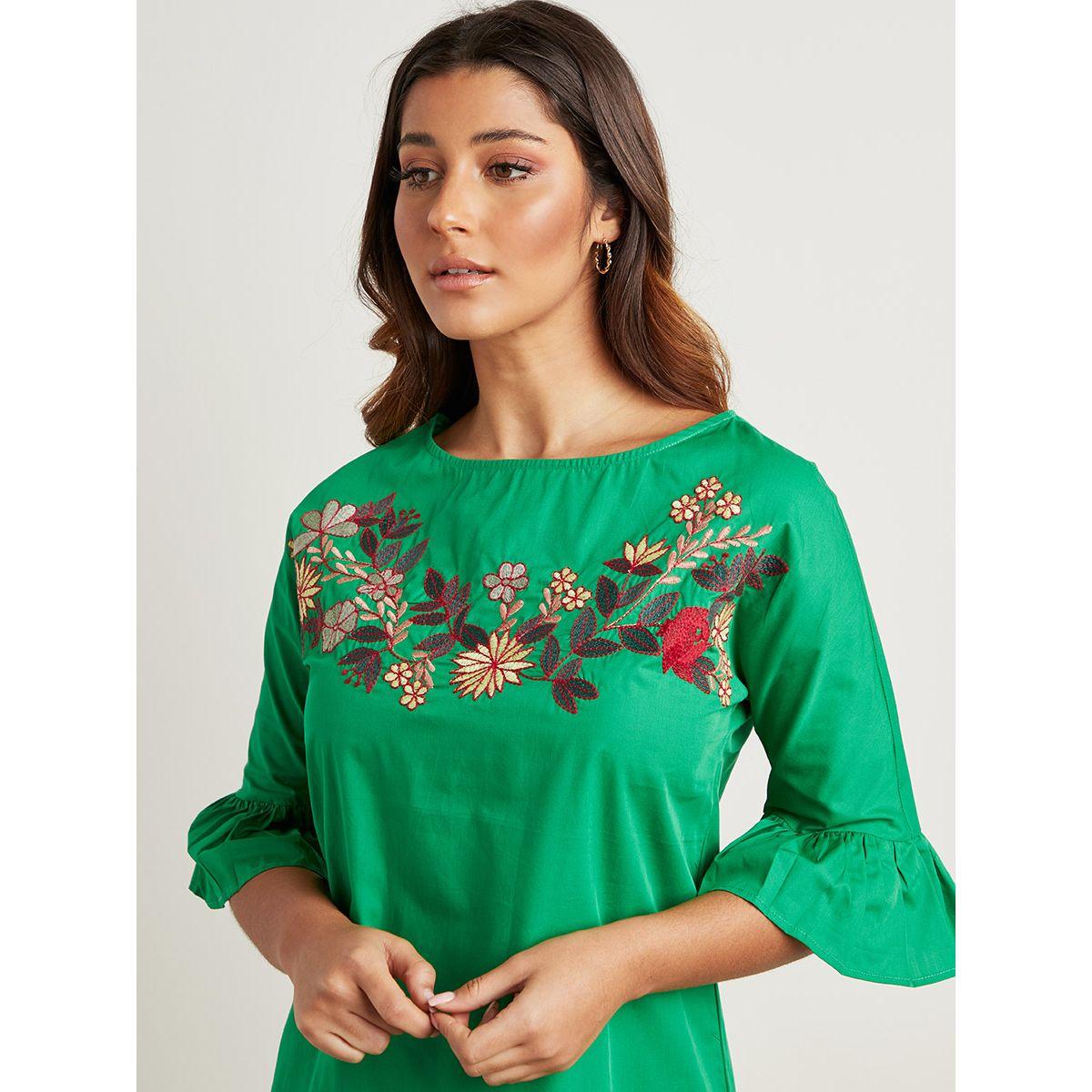 Styli Frill Hem Embroidered Detail Midi Dress with 3/4 Sleeves-women-clothing-dresses-image-3