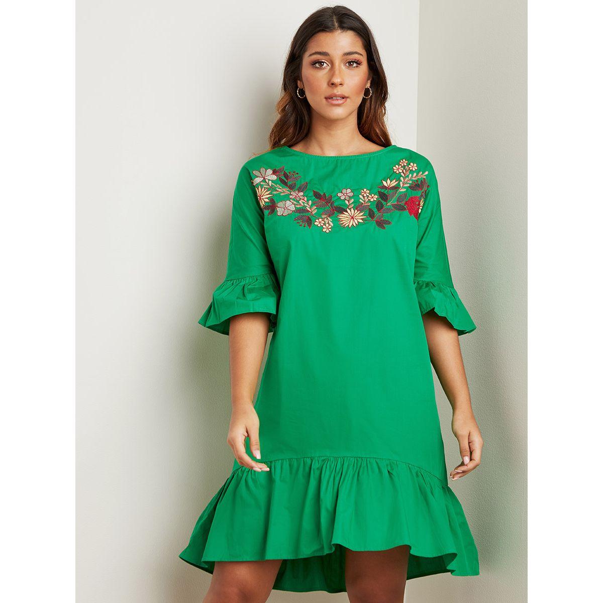 Styli Frill Hem Embroidered Detail Midi Dress with 3/4 Sleeves-women-clothing-dresses-image-4