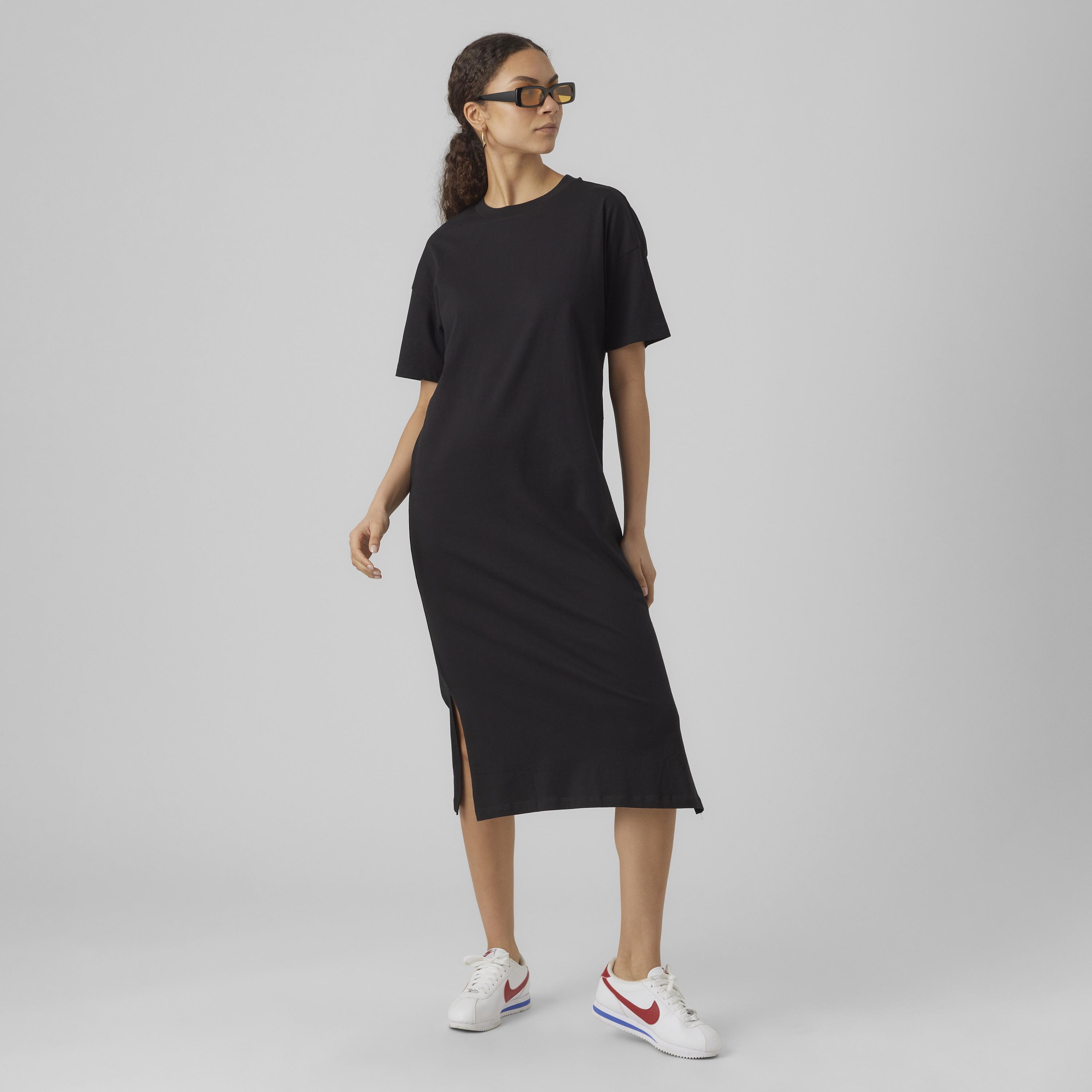 فستان ميدي قطن حريمي بأكمام منسدلة وفتحة جانبية باللون الأسود من فيرو مودا-women-clothing-dresses-image-2