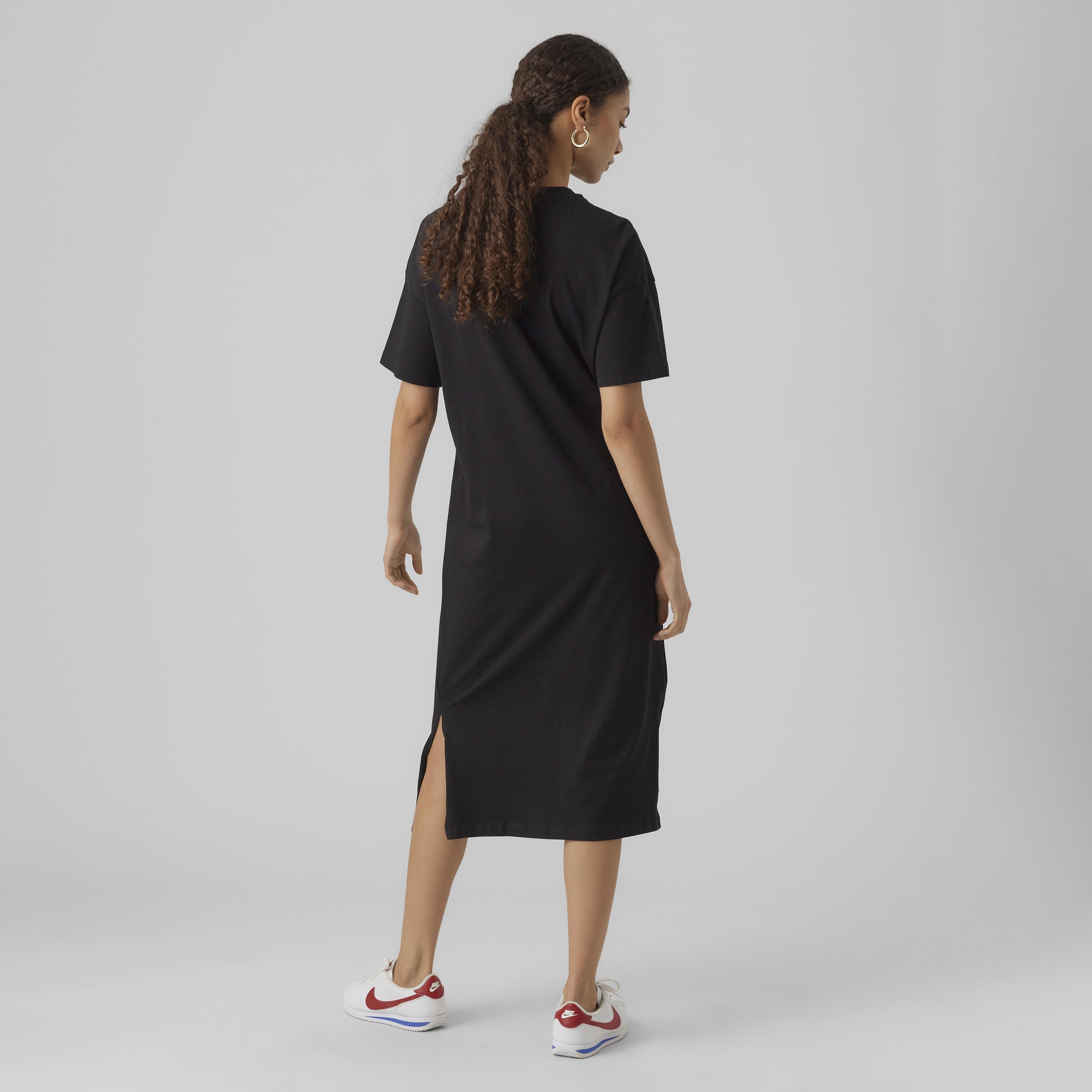 فستان ميدي قطن حريمي بأكمام منسدلة وفتحة جانبية باللون الأسود من فيرو مودا-women-clothing-dresses-image-3