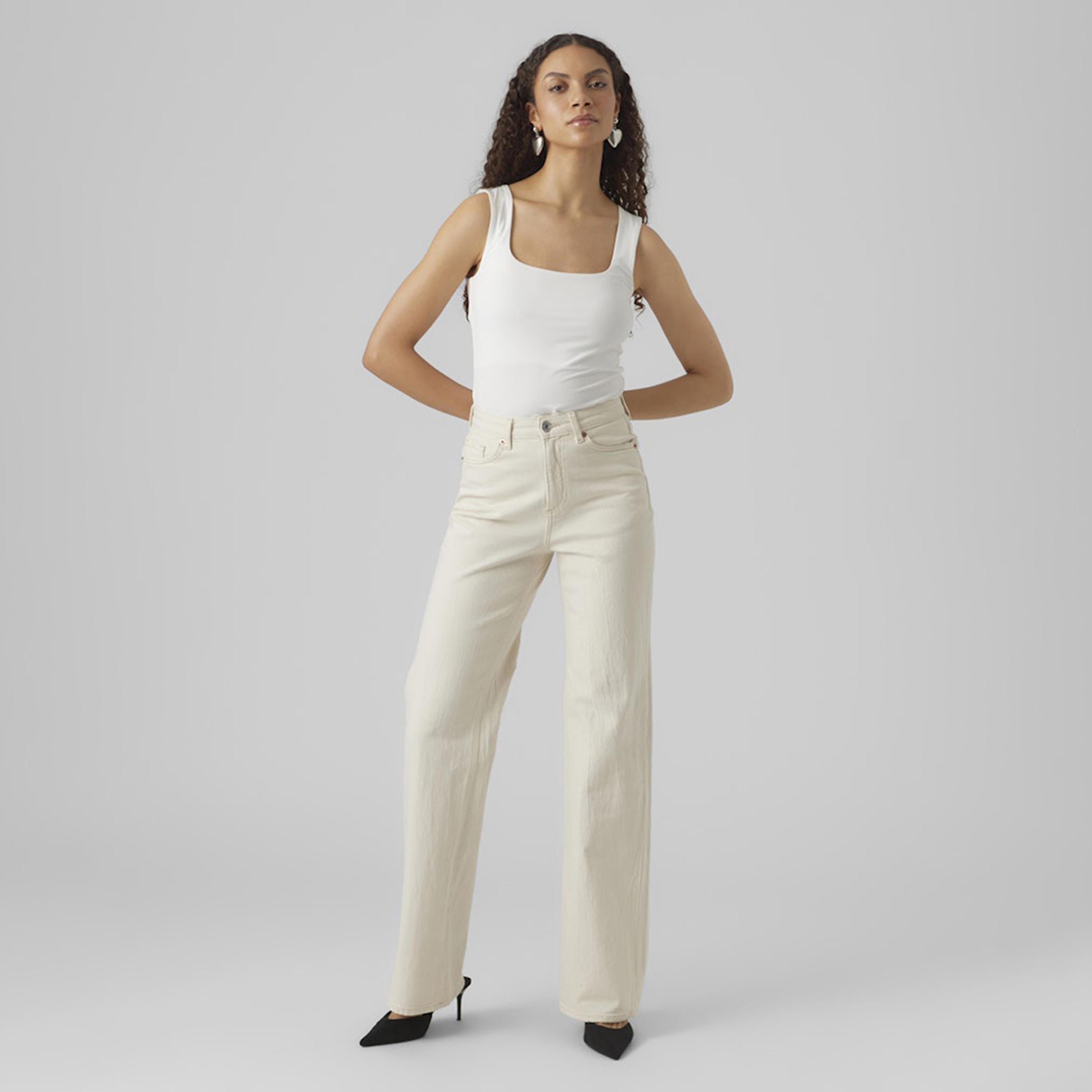 Vero Moda Ecru Button and Zip Fly Wide Leg Women's Jeans-women-clothing-bottoms-jeans-image-2