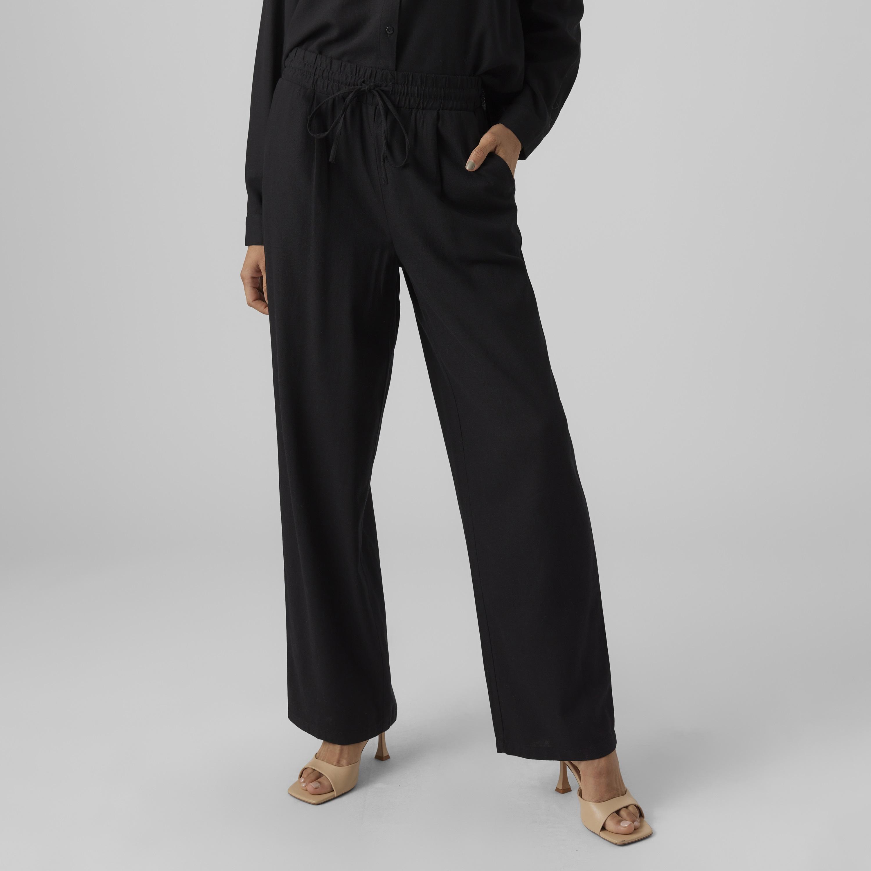 بنطال حريمي بخصر برباط تعديل وقصة أرجل واسعة باللون الأسود من فيرو مودا-women-clothing-trousers-image-1