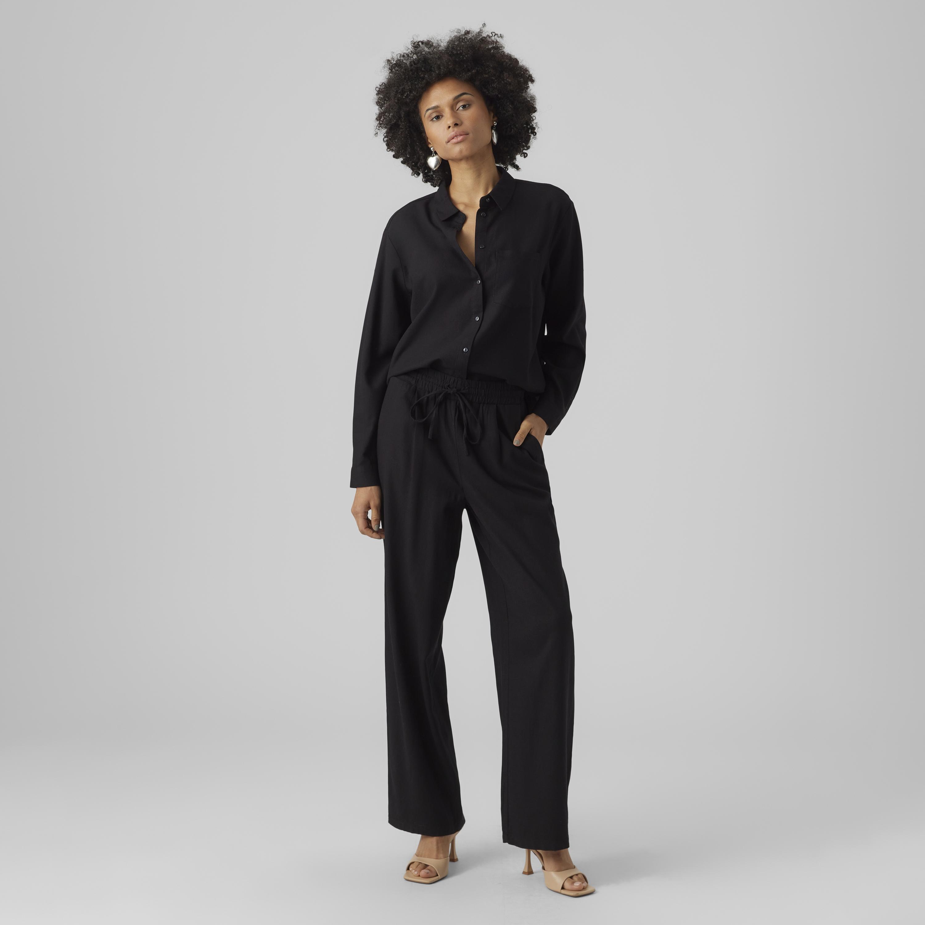 بنطال حريمي بخصر برباط تعديل وقصة أرجل واسعة باللون الأسود من فيرو مودا-women-clothing-trousers-image-2